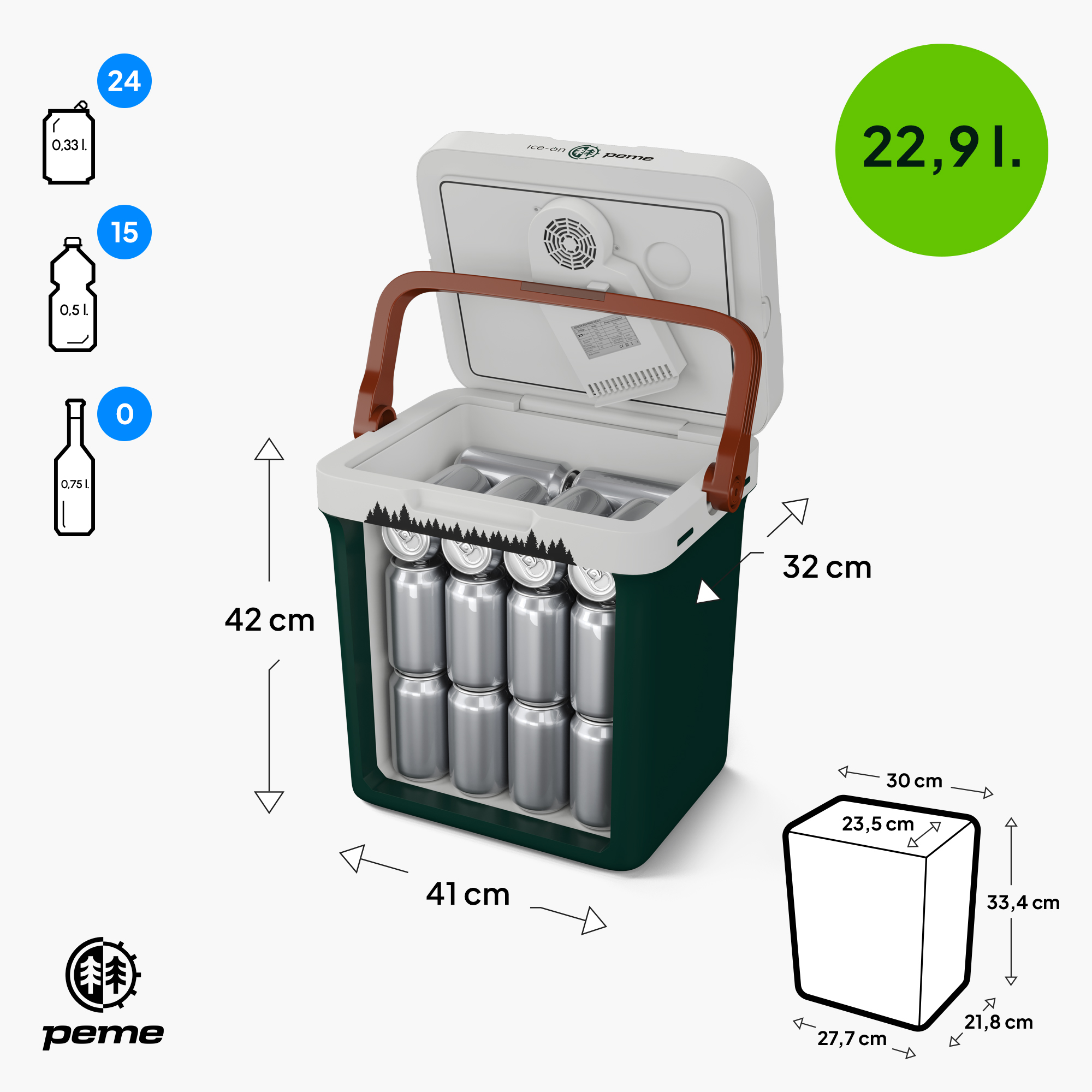 Eine grüne und weiße Kühlbox mit Griff, offen und mit Abmessungen. Ice-on peme Logo.