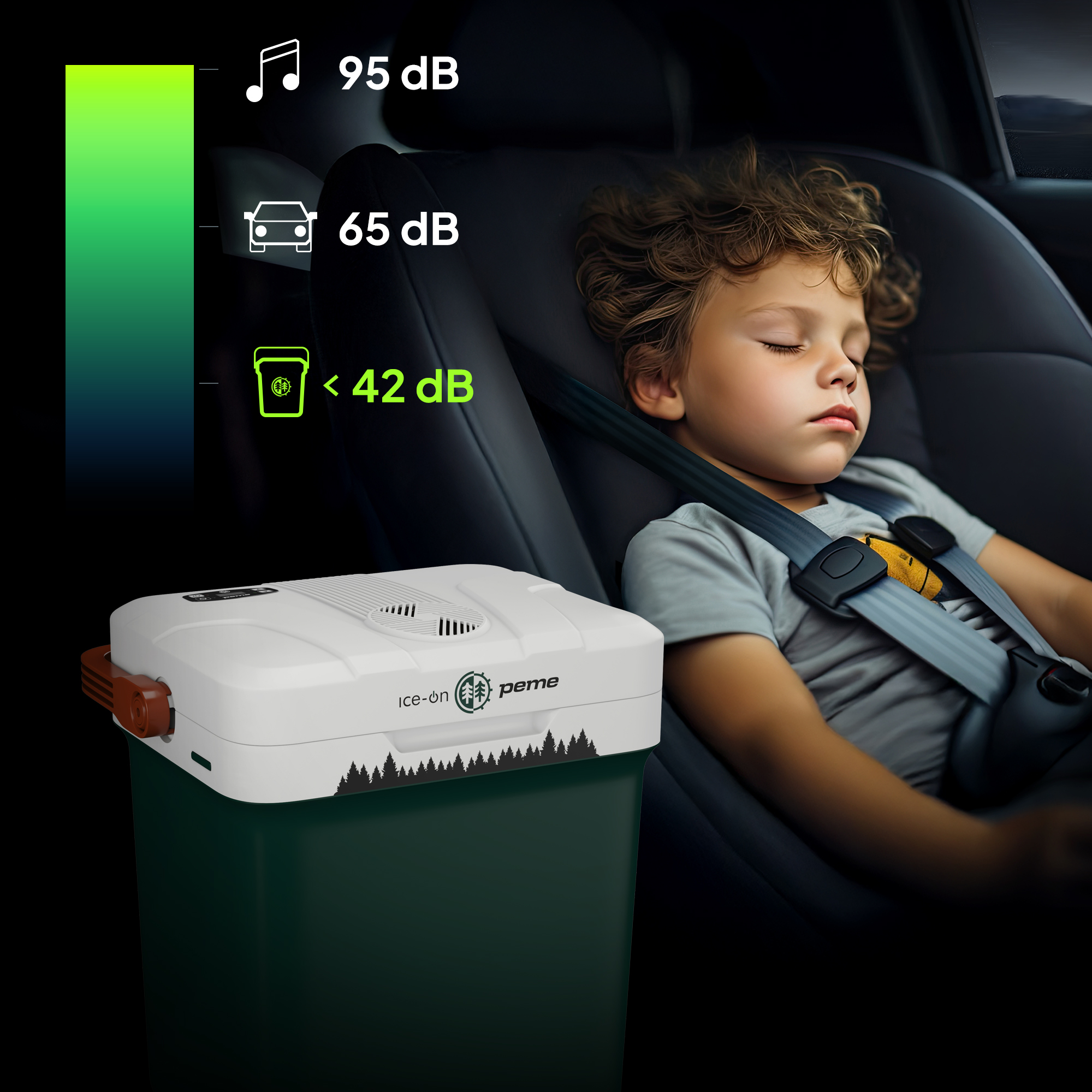 Ein Kind schläft im Auto. Eine Kühlbox steht auf dem Boden, daneben werden Geräuschpegel angezeigt.