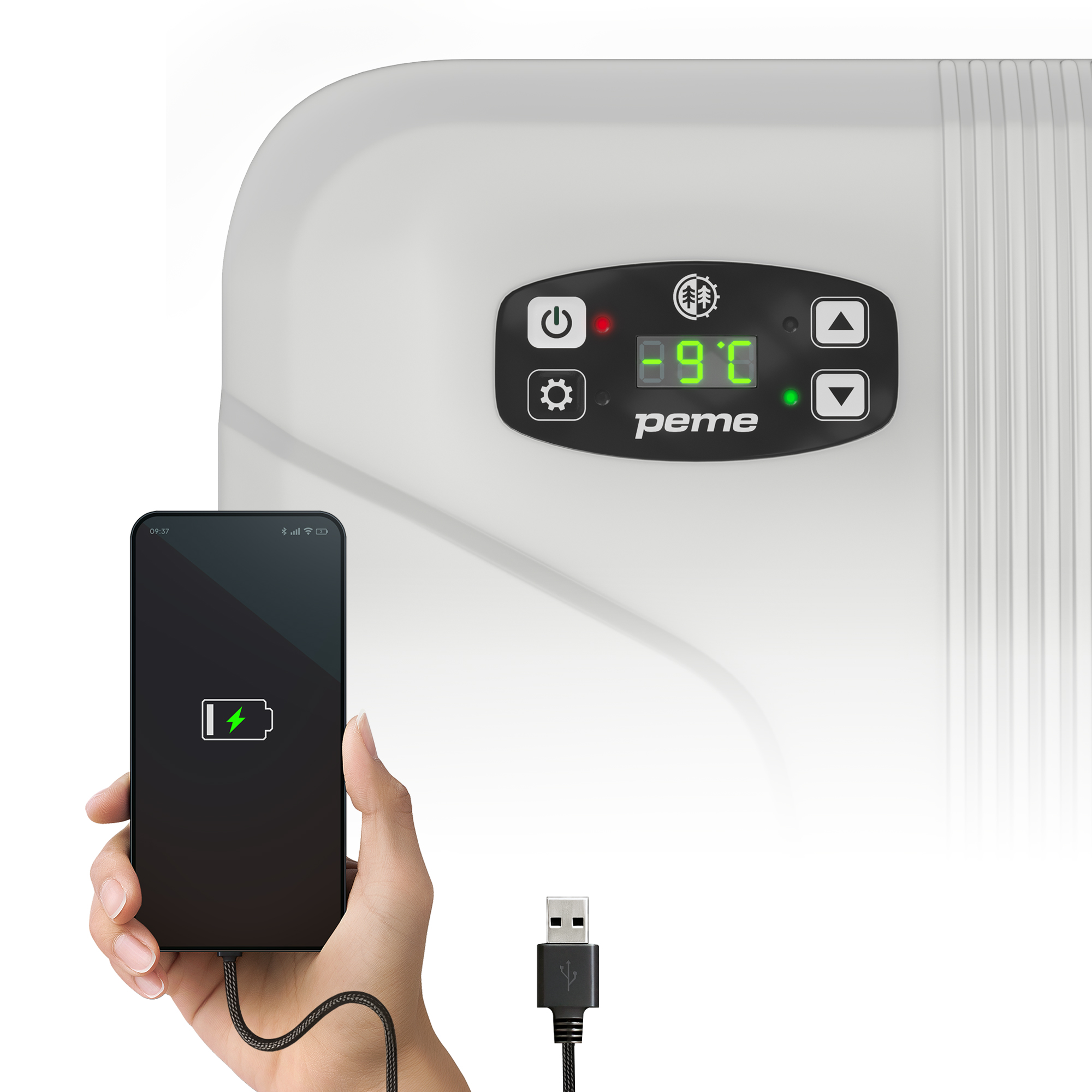 Eine Hand hält ein ladendes Telefon. Der Kühler zeigt die Temperatur. Ein USB-Kabel ist angeschlossen.