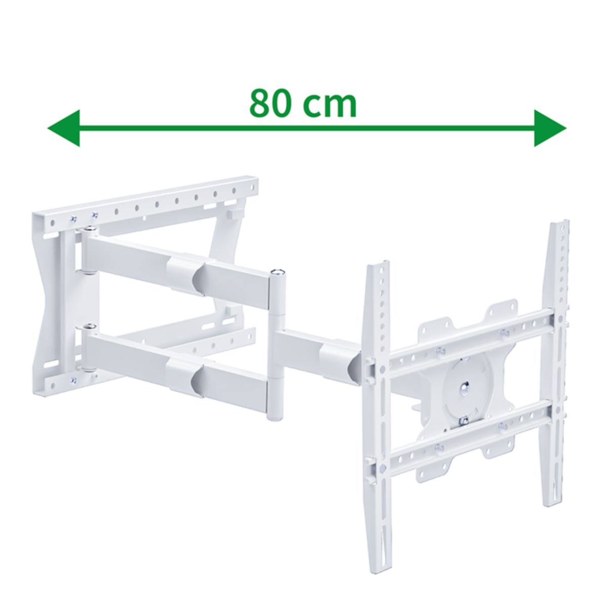 Een witte tv-wandbeugel. De beugel is 80 cm lang, met meerdere verstelbare armen.