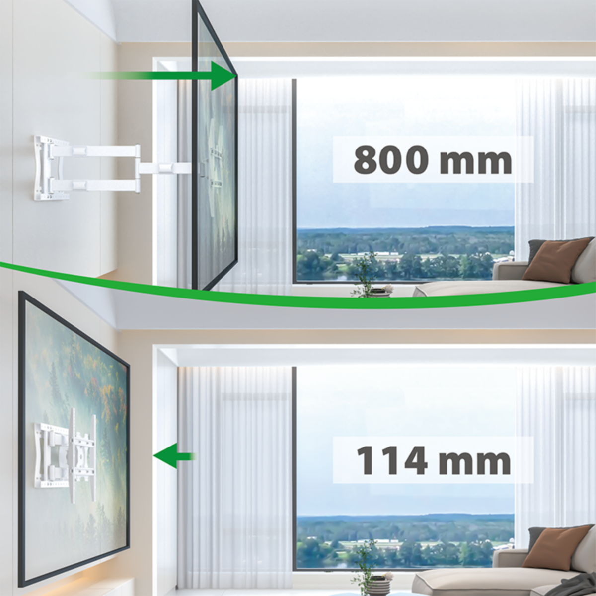 Een tv aan de muur. De tv is verstelbaar. De beugel is wit, net als de muur.