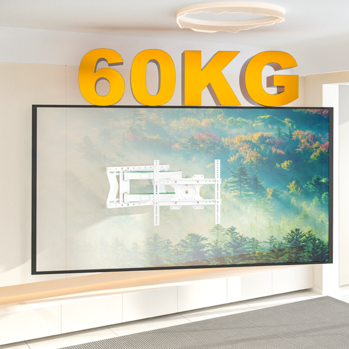 Een tv aan de muur. De tv wordt ondersteund door een witte beugel. De tekst 