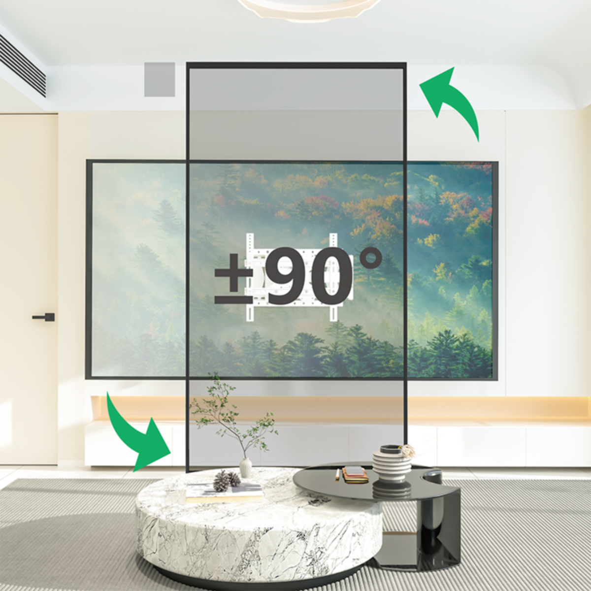 Een tv aan de muur. De tv kan draaien. De beugel is wit, hoek +90 graden.
