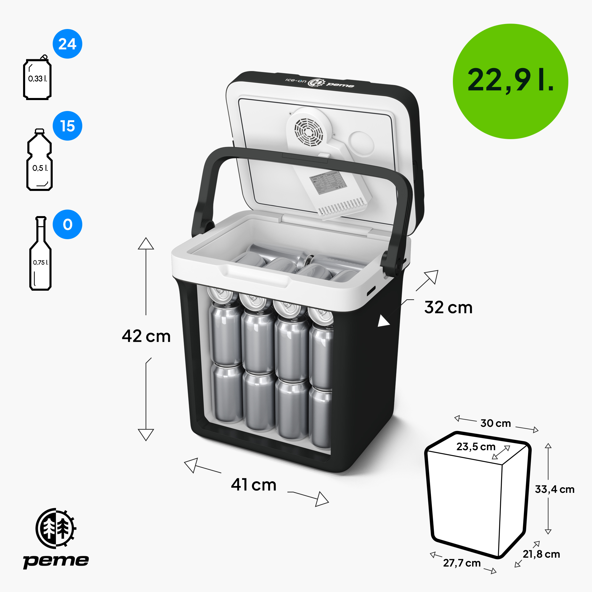 Eine geöffnete schwarze Kühlbox mit Dosen darin. Abmessungen werden angezeigt, und das Logo "ice-on peme" ist zu sehen.