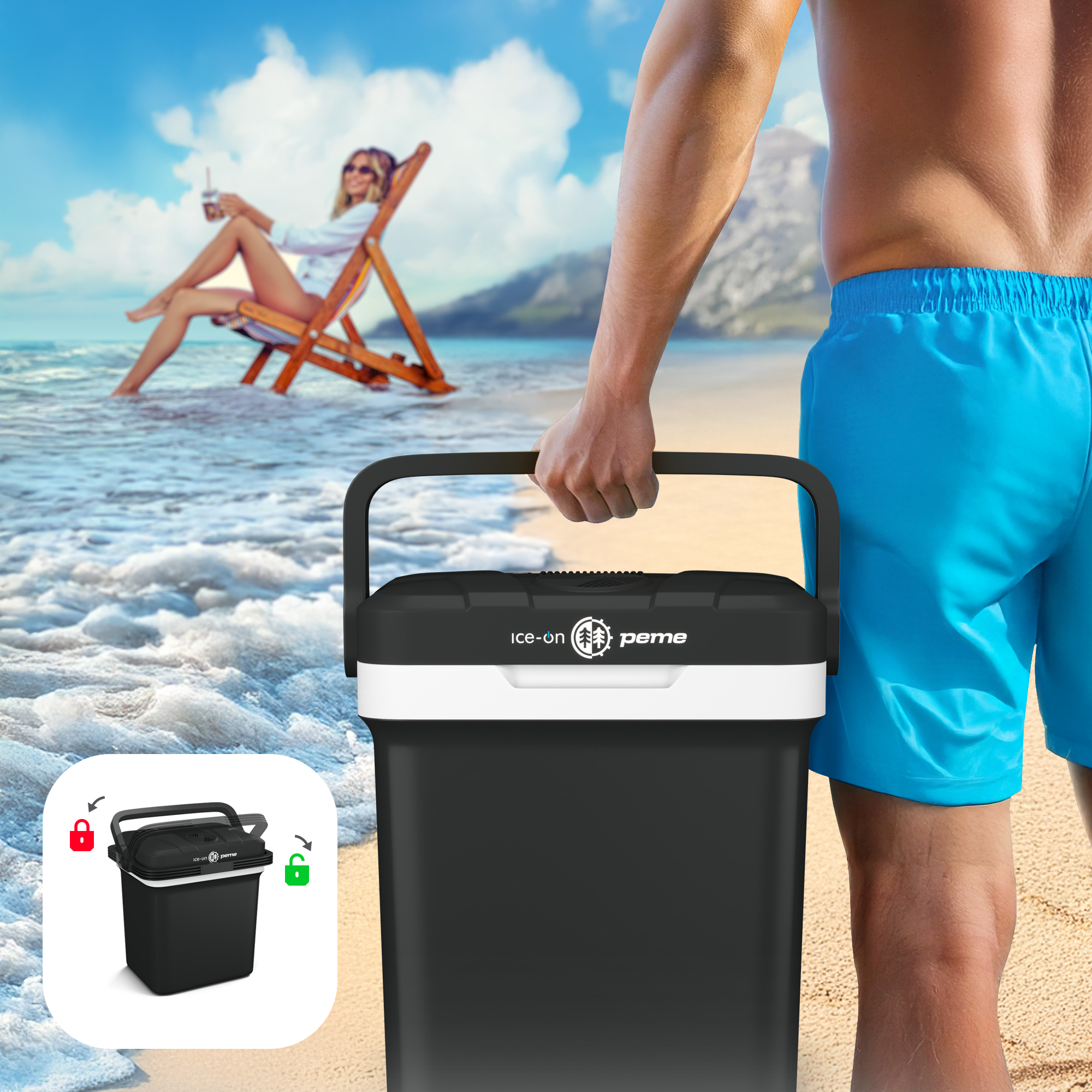 Ein Mann hält eine Kühlbox am Strand, eine Frau entspannt sich im Hintergrund in einem Stuhl.