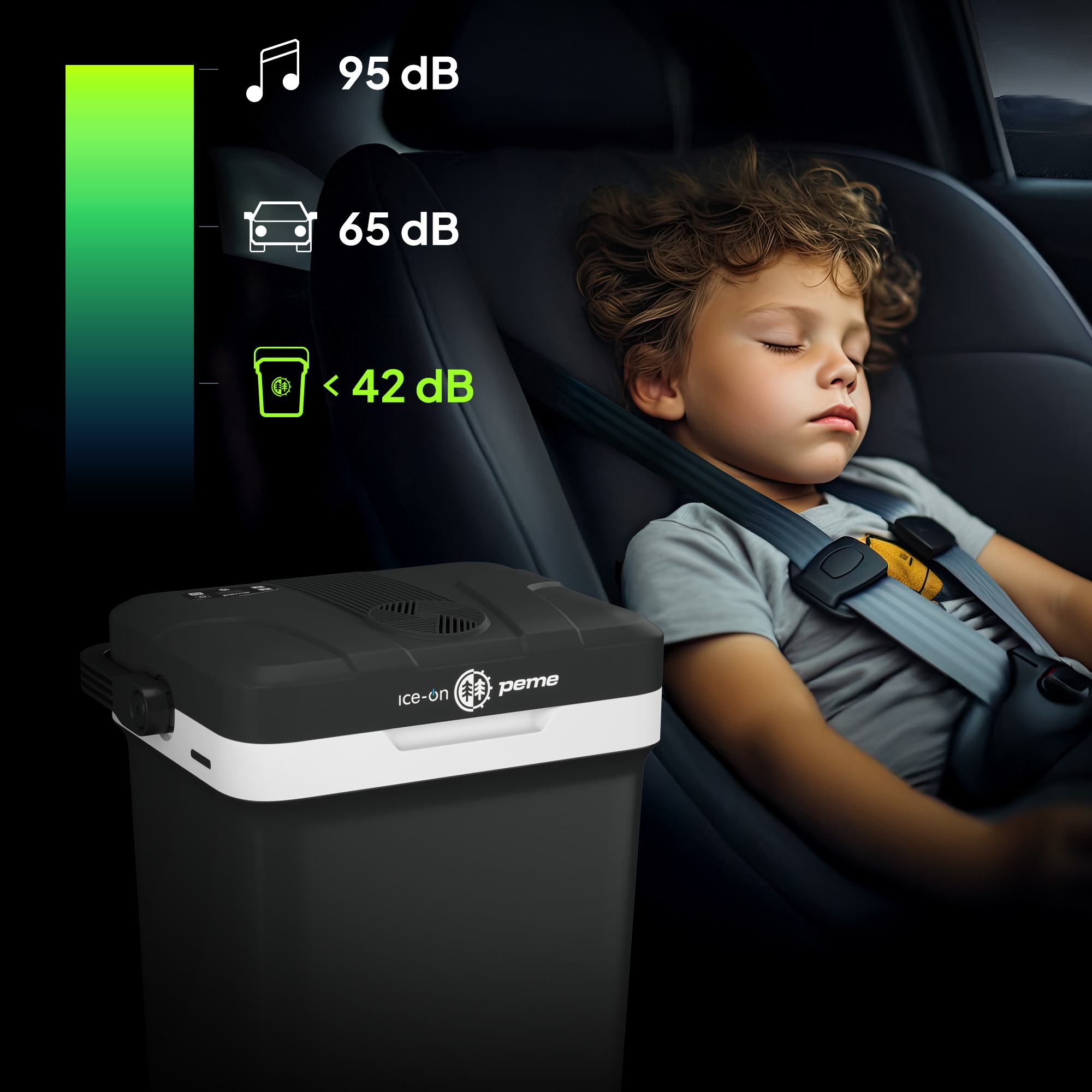 Ein Kind schläft in einem Autositz neben einer Kühlbox. Geräuschpegelanzeigen werden angezeigt.