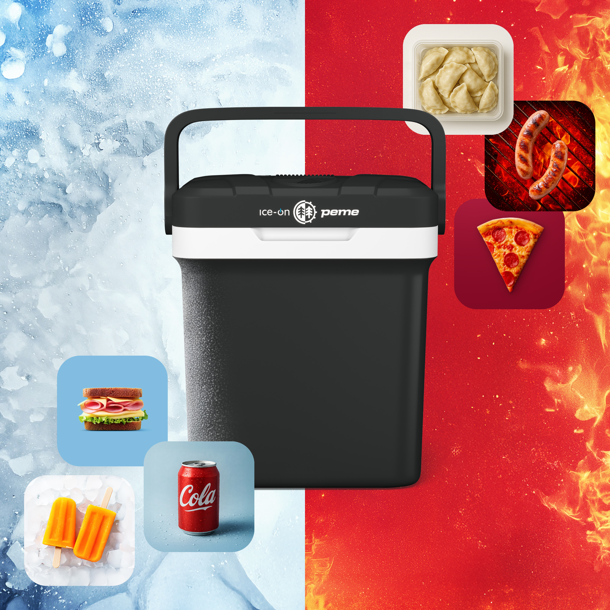 Eine Kühlbox mit Essensbildern: Pizza, Würstchen, Eis, Sandwich und eine Cola-Dose.