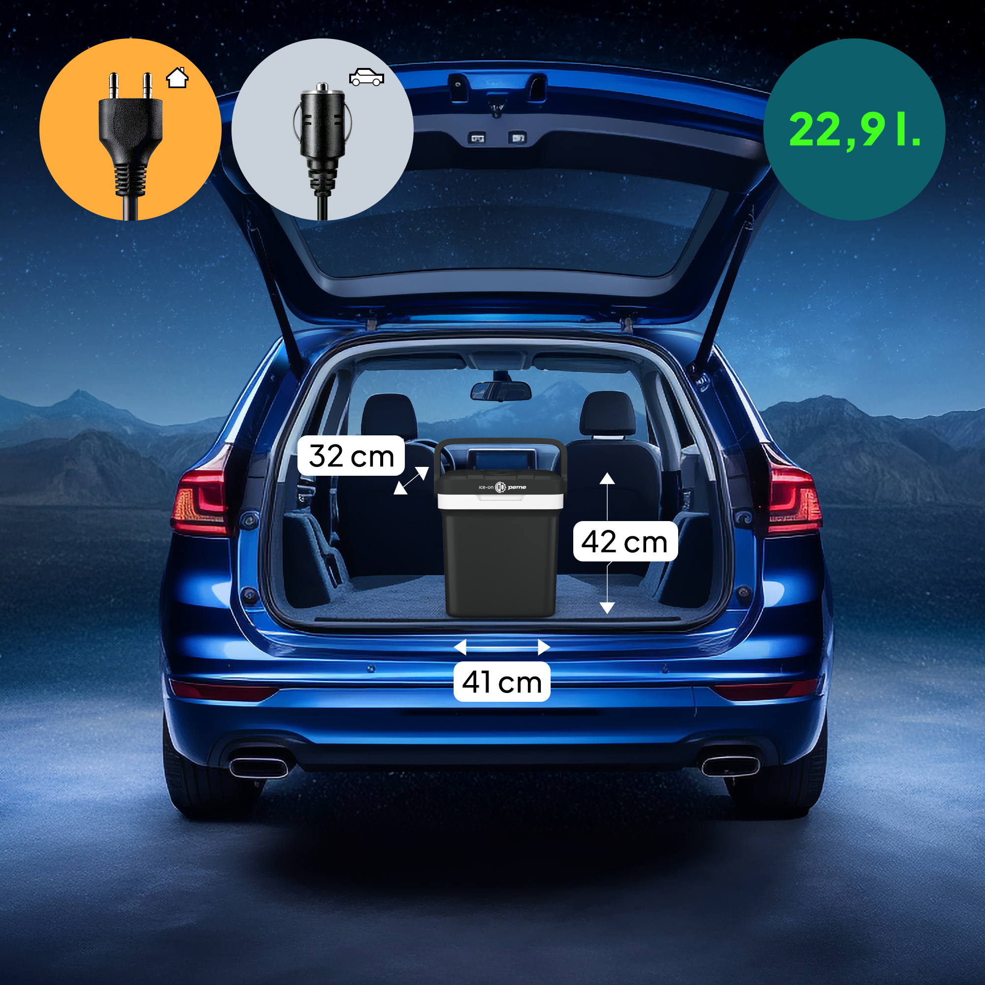 Eine schwarze Kühlbox im Kofferraum eines Autos. Abmessungen werden angezeigt. Netzkabel werden gezeigt.