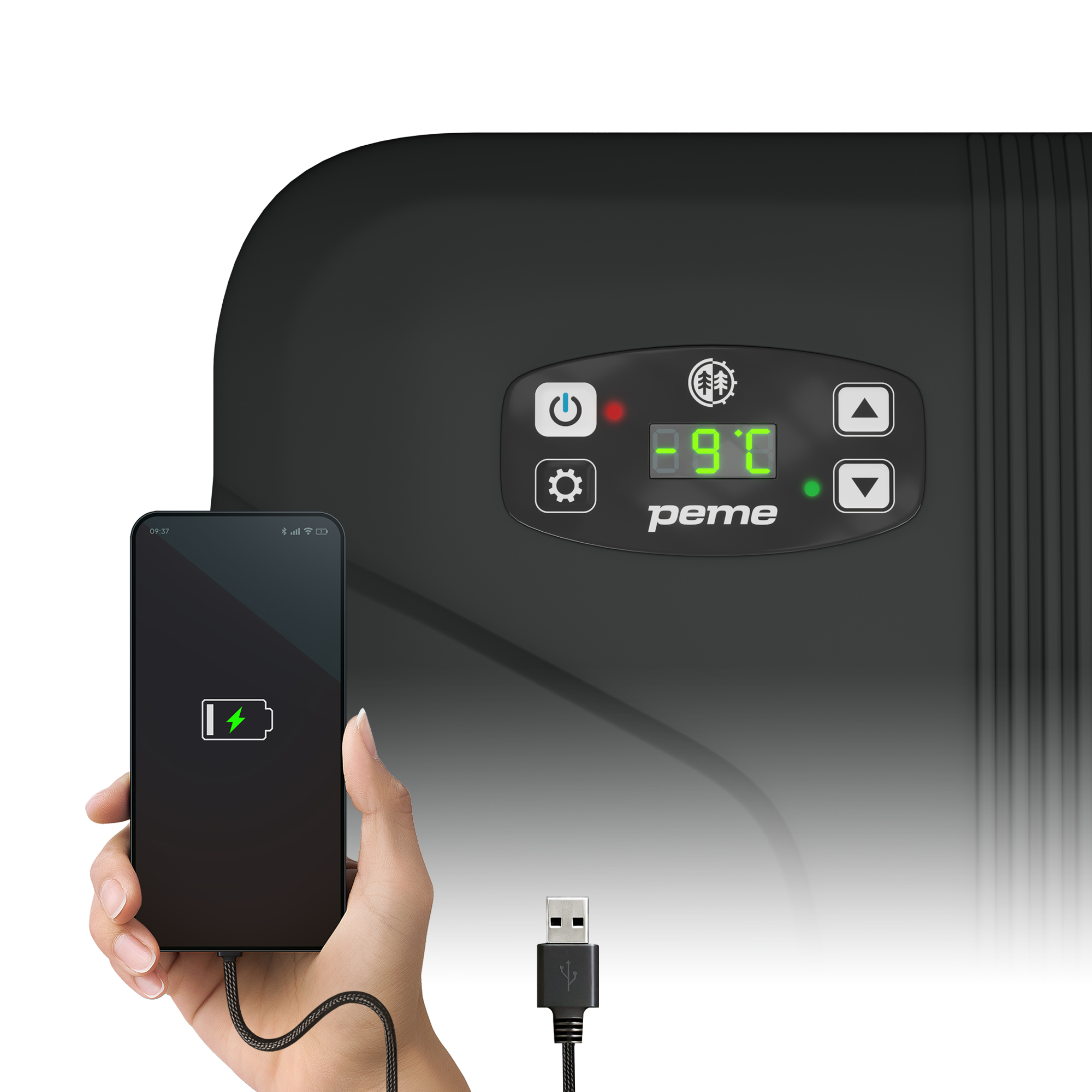 Eine Hand hält ein Smartphone, das von einer Kühlbox geladen wird, mit digitaler Temperaturanzeige.