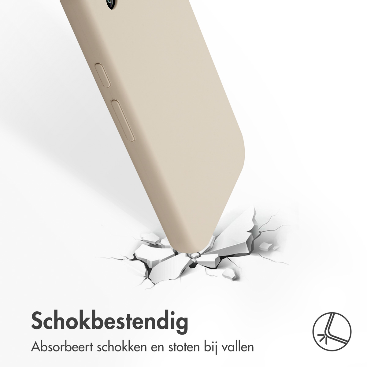 Telefoonhoesje in beige valt op een oppervlak en veroorzaakt scheuren. Tekst: schokbestendig. 