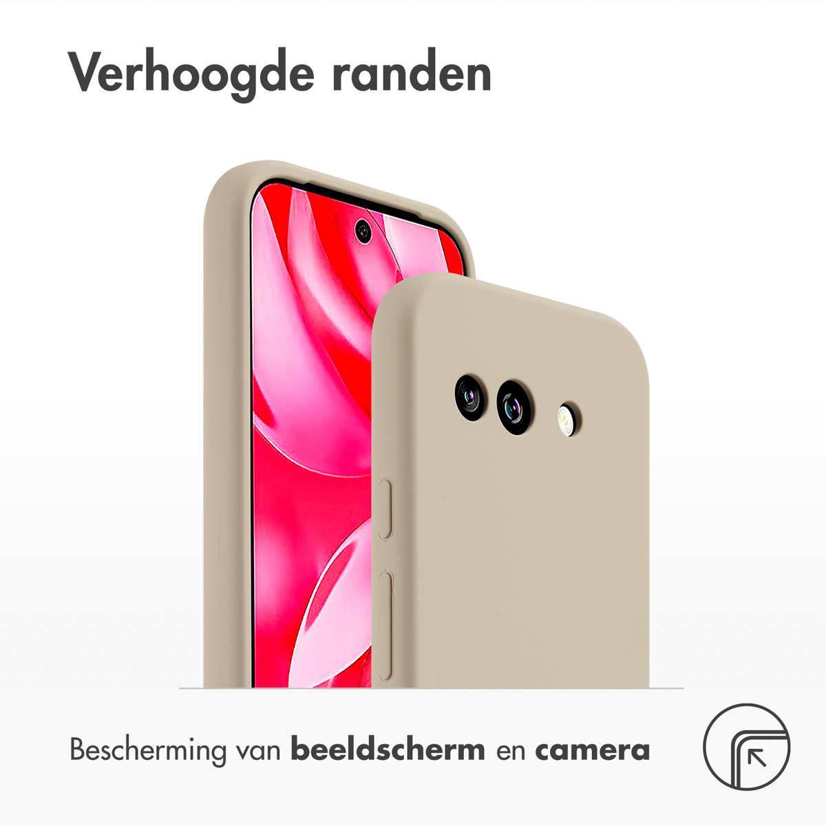 Een beige telefoonhoesje met telefoon erin, de tekst luidt 'Verhoogde randen'.
