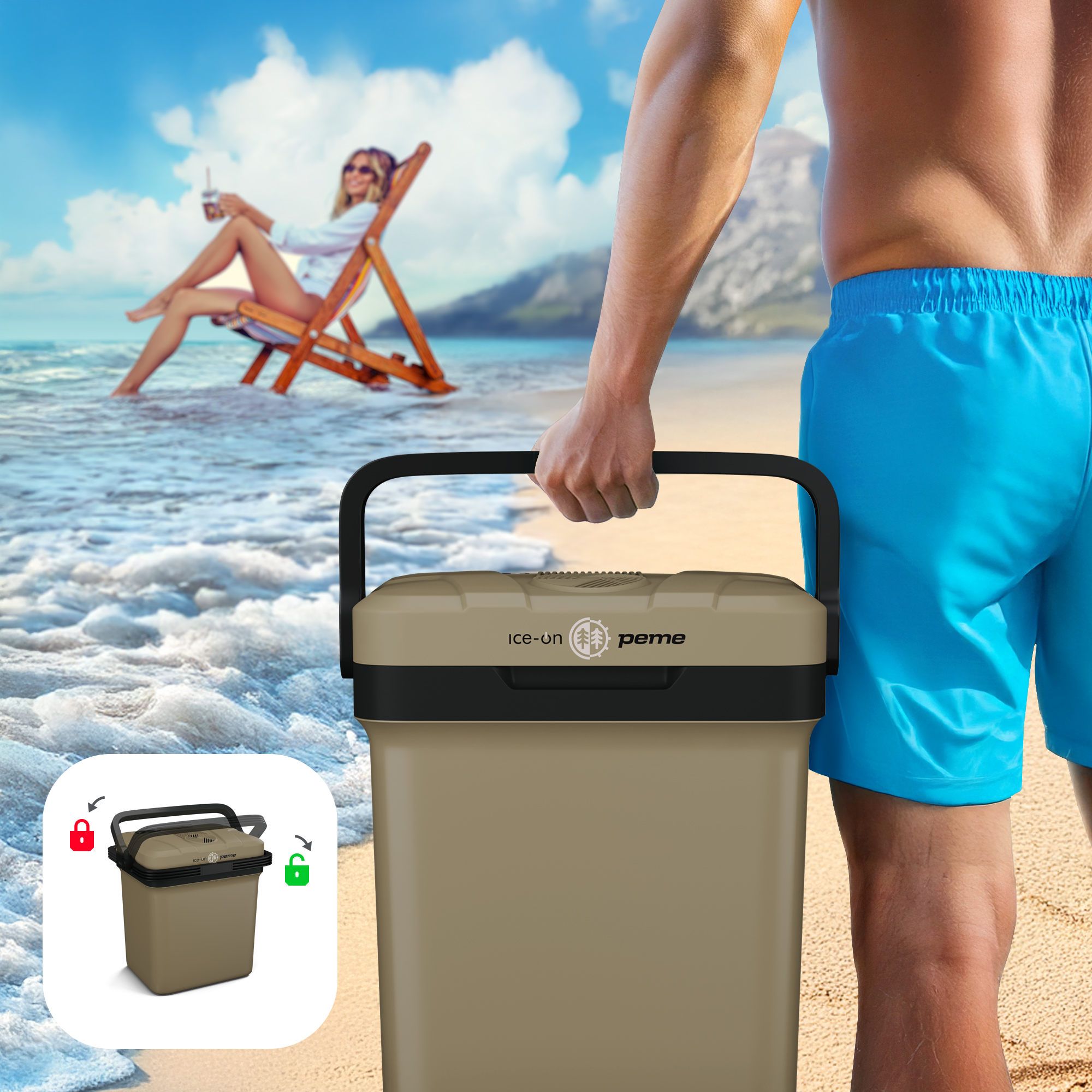 Ein Mann trägt eine Kühlbox am Strand, im Hintergrund eine Frau.