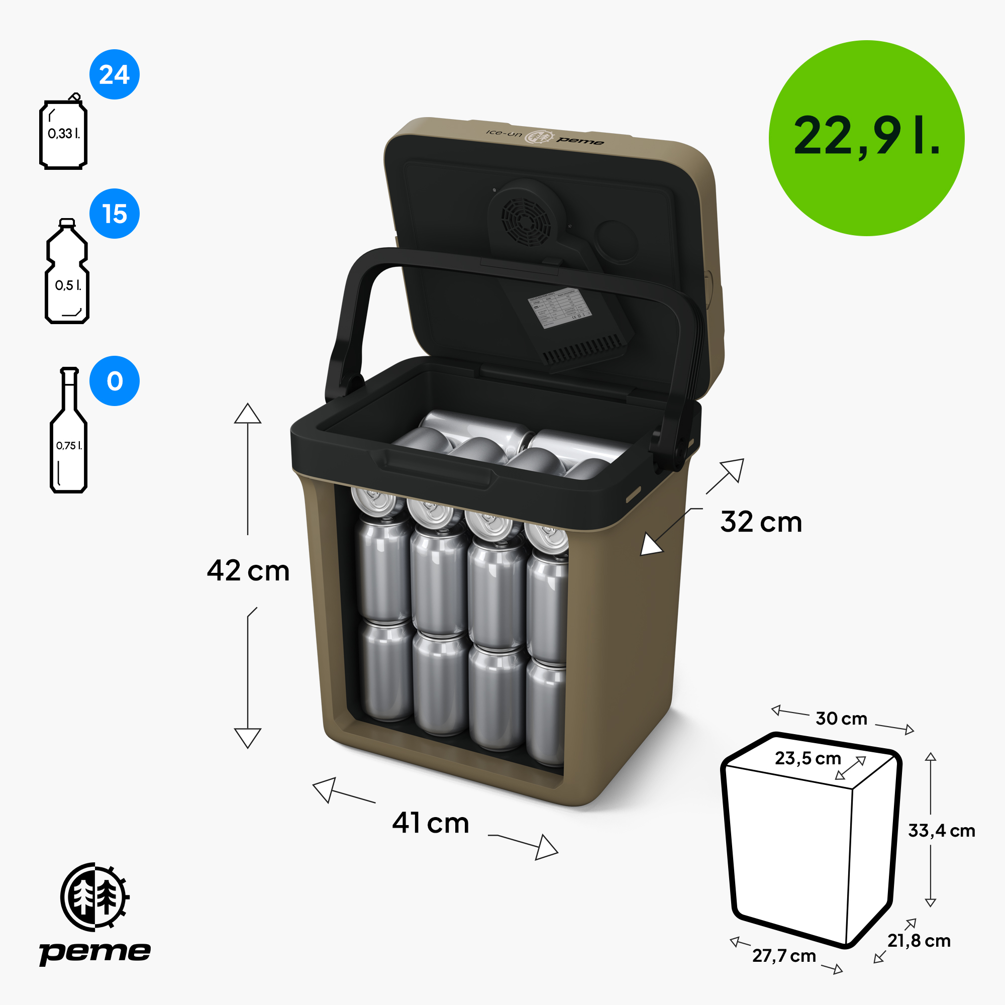Eine Kühlbox mit offenem Deckel, ein Tisch mit Dosen, Flaschen und ein Diagramm mit Abmessungen.