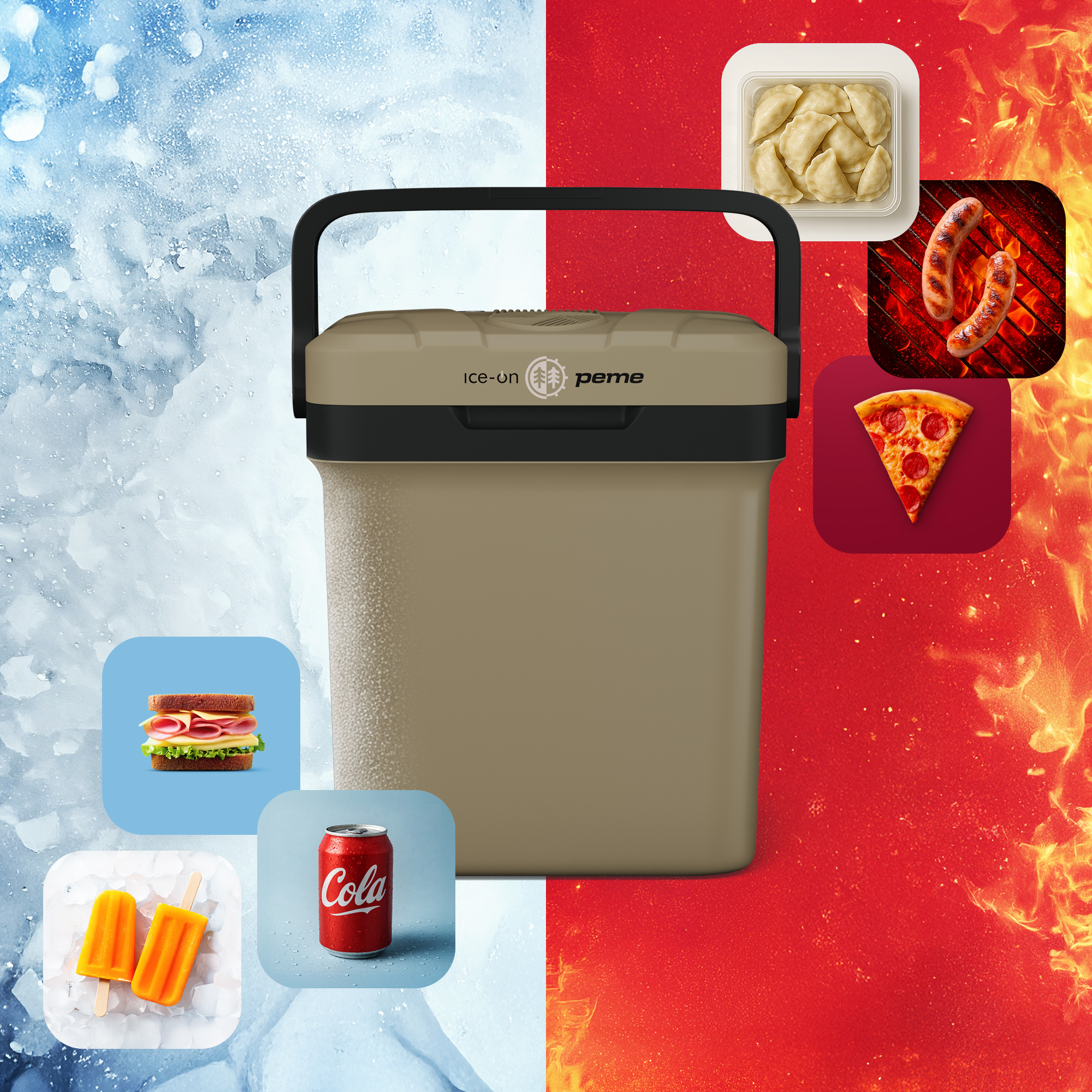 Eine Kühlbox mit Essen und Getränken an den Seiten. Eis und Feuer sind auf den anderen Seiten.
