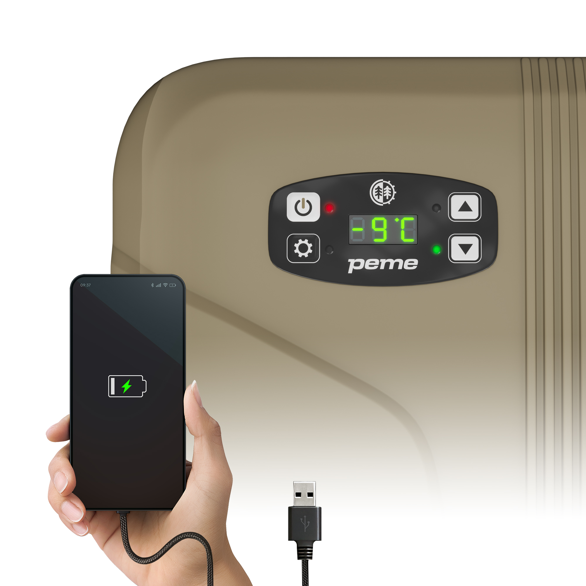 Hand hält Telefon, das über ein USB-Kabel geladen wird, neben der Kühlbox, die die Temperatur anzeigt.