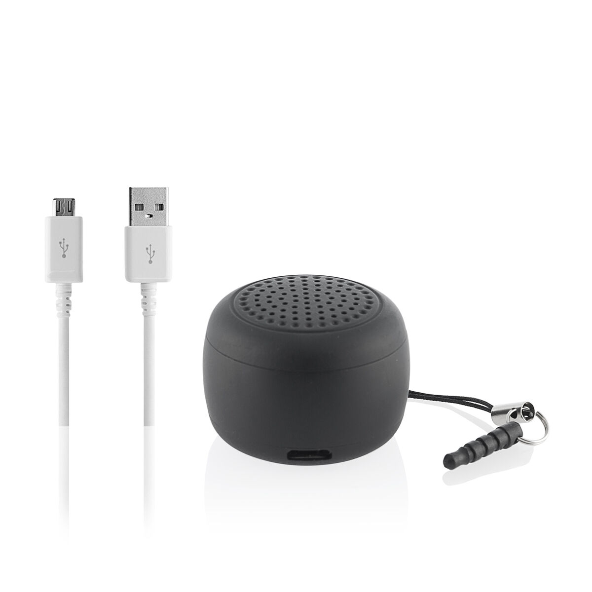 Piccolo altoparlante nero con cavi USB e micro-USB, isolato su sfondo bianco.