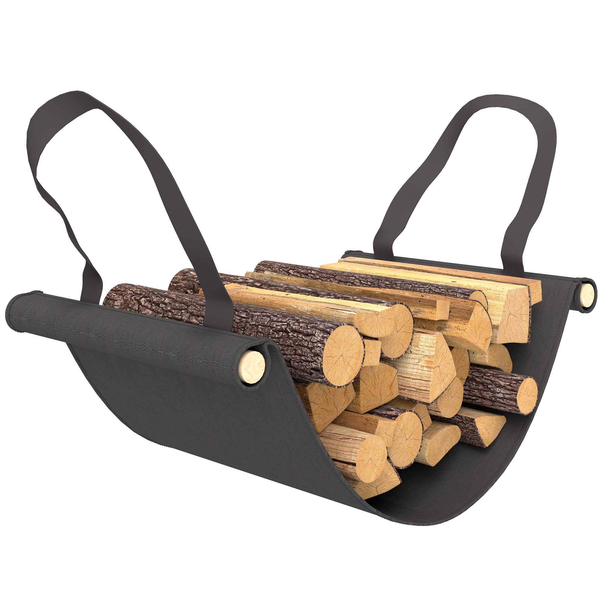 Ein schwarzer Leinwandträger gefüllt mit Holzscheiten, bereit für den Transport.