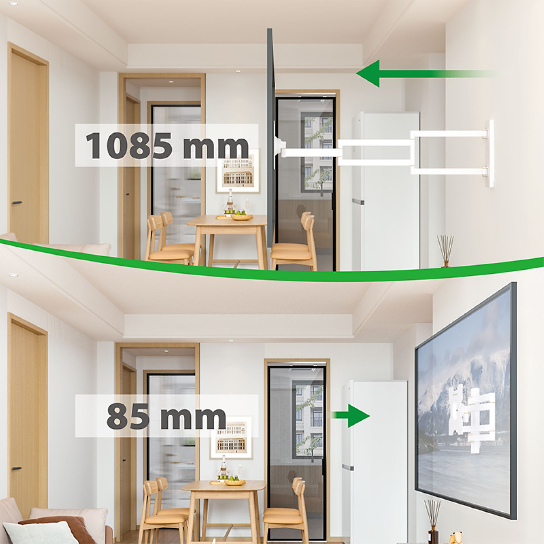 Ein an der Wand montierter Fernseher, der zeigt, wie er mit der Halterung angepasst werden kann.