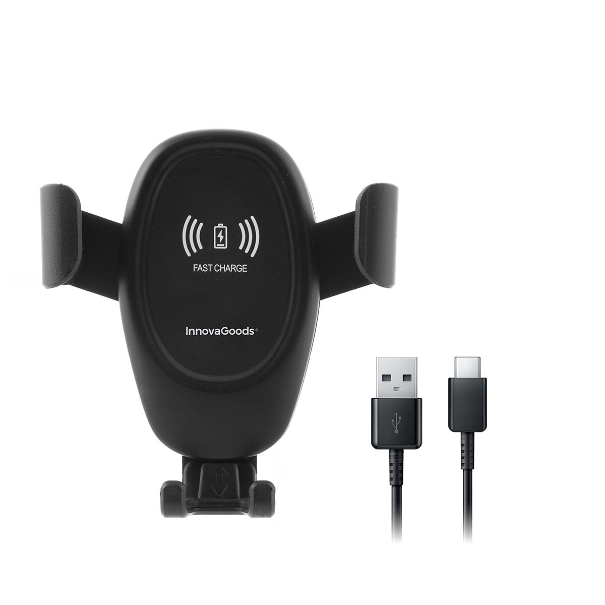 Un supporto per telefono da auto nero con simbolo di ricarica wireless e cavo USB su sfondo bianco.