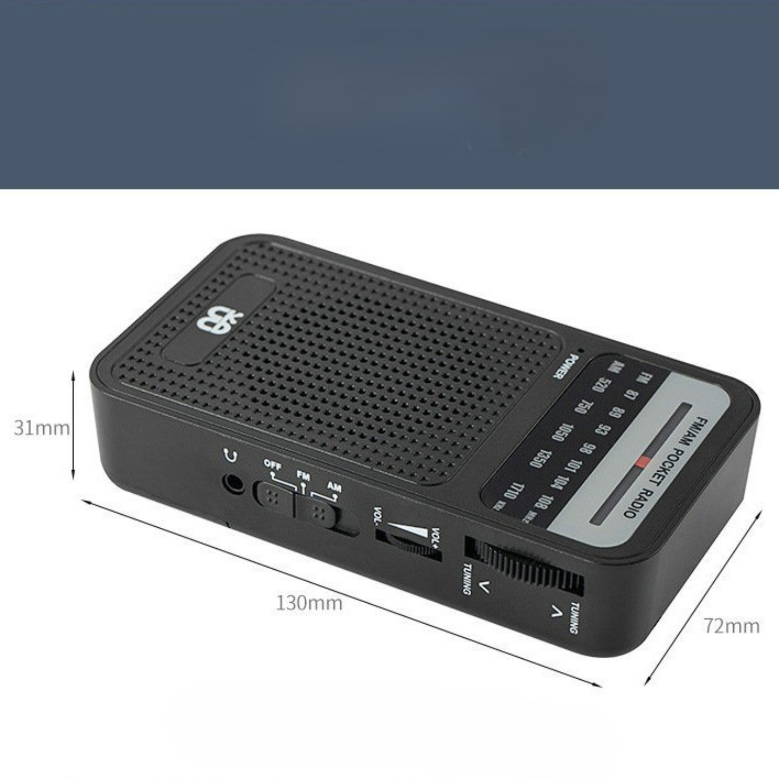 Schwarzes, rechteckiges Taschenradio mit Knöpfen und Drehknopf.