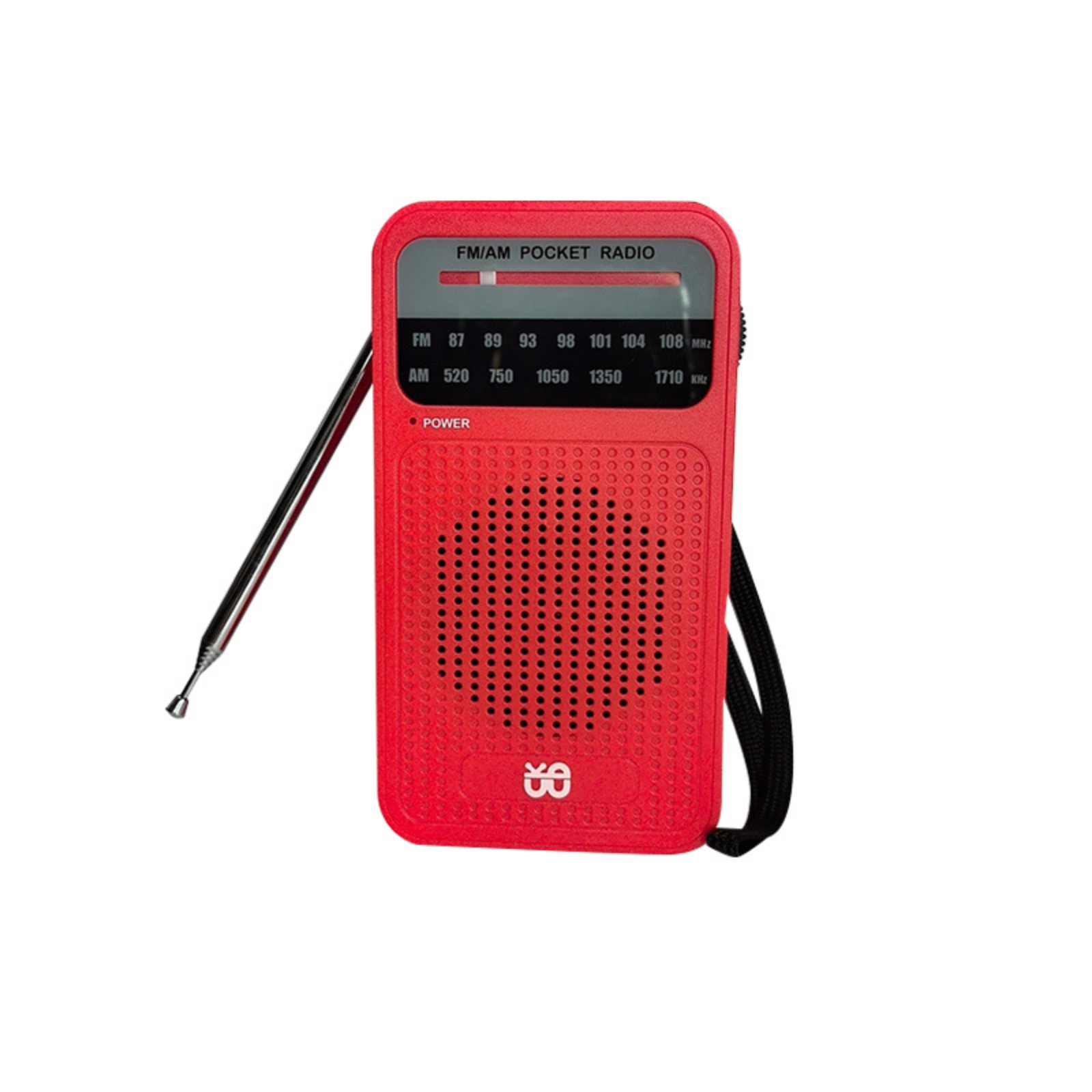 Rotes FM/AM-Taschenradio mit schwarzem Riemen. Die Antenne ist hochgeklappt.