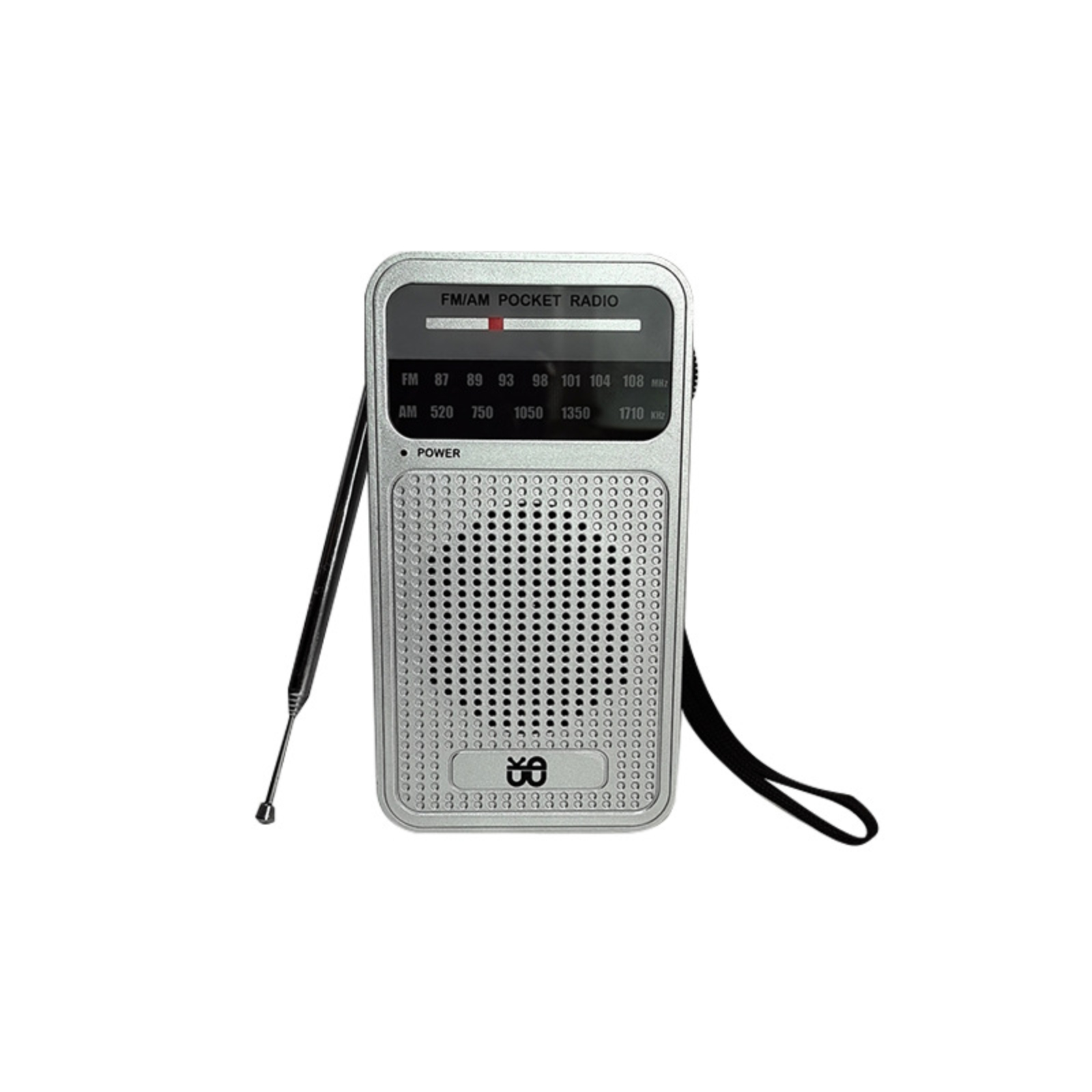 Silbernes Taschenradio. Die Antenne ist hochgeklappt und ein schwarzer Riemen ist befestigt.