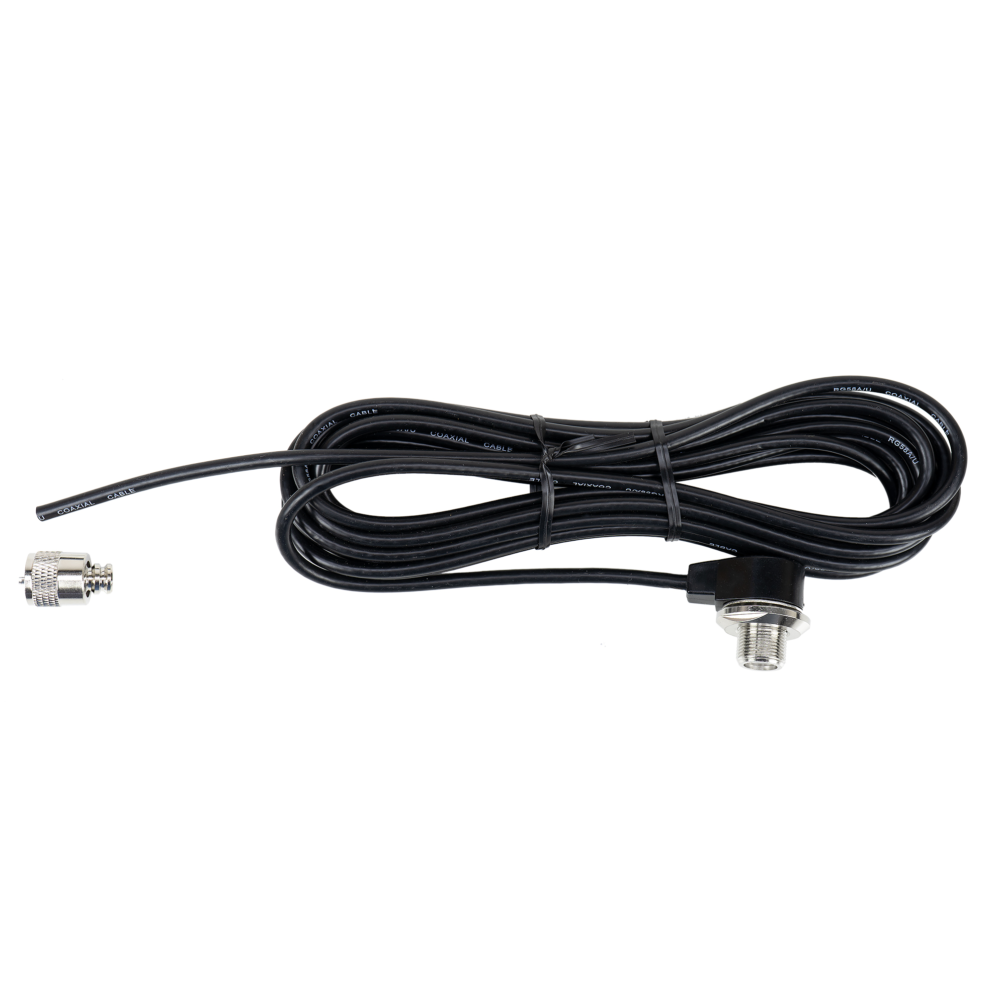 Schwarzes Koaxialkabel mit Anschlüssen. Ein Ende hat einen Stecker, das andere ist mit einem schwarzen Kabel verbunden.