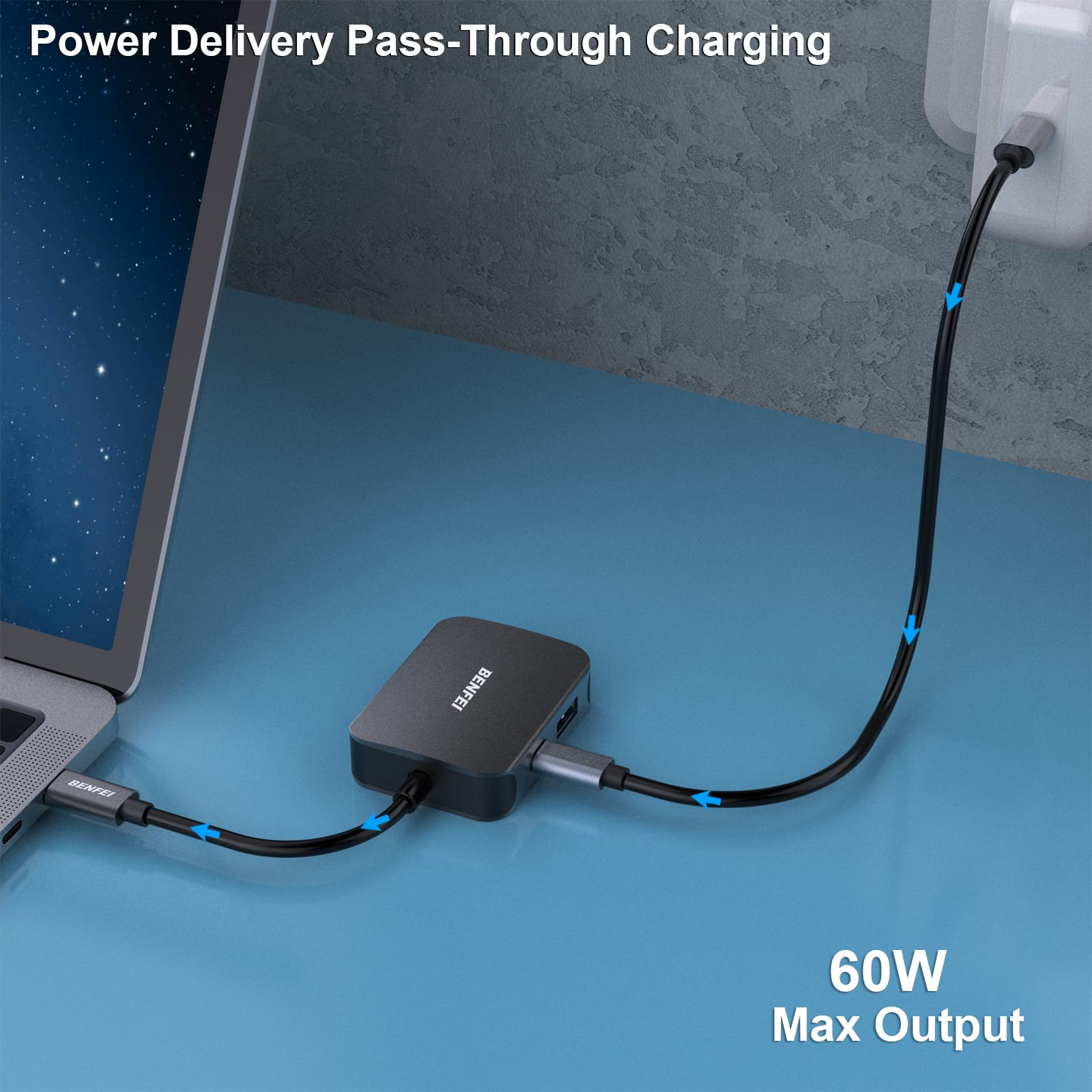Ein Laptop ist über ein Netzteil mit einem Hub verbunden. Text zeigt 60W maximale Leistung an.