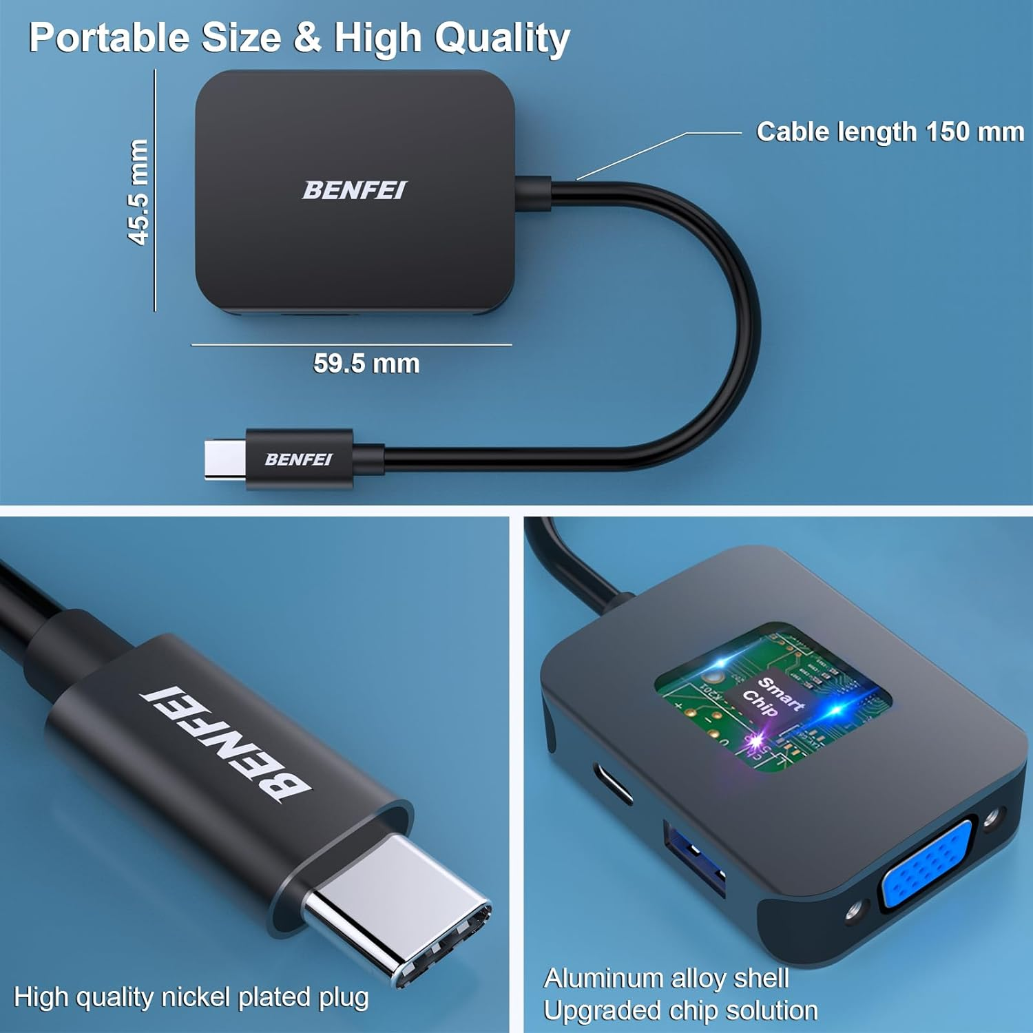 Schwarzer USB-C-Adapter mit Abmessungen und Beschriftungen, einschließlich einer Nahaufnahme des Steckers.