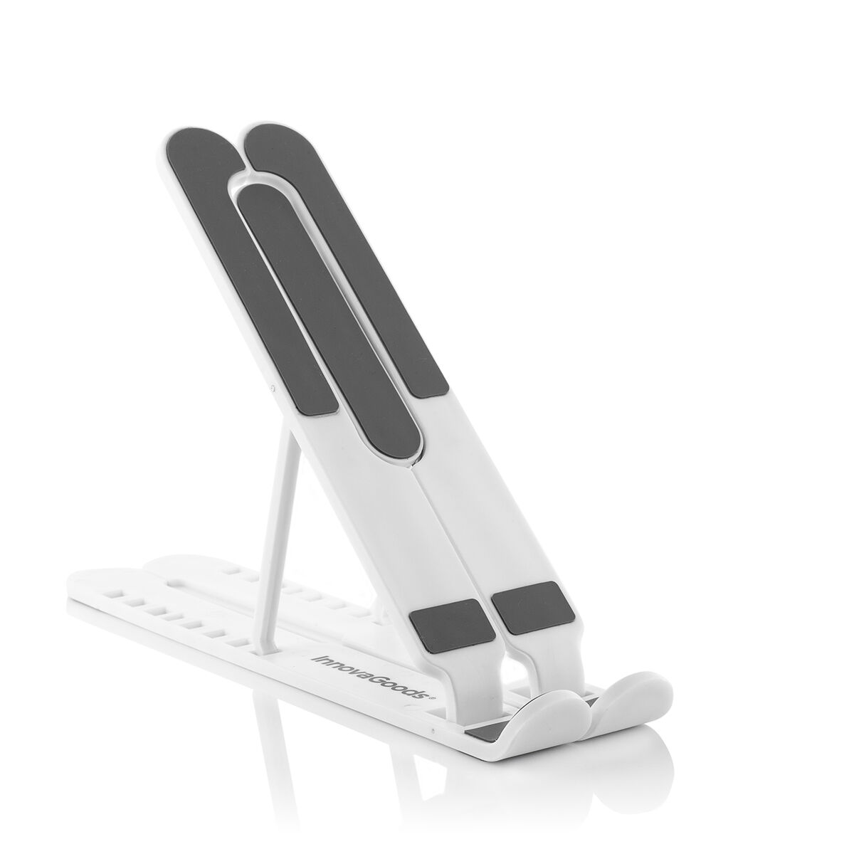 Supporto per laptop bianco, angolato, con cuscinetti grigi.