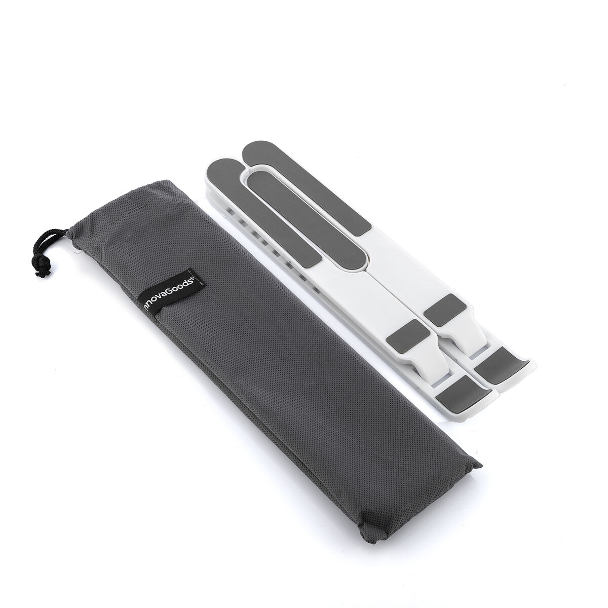 Supporto per laptop bianco con custodia grigia.