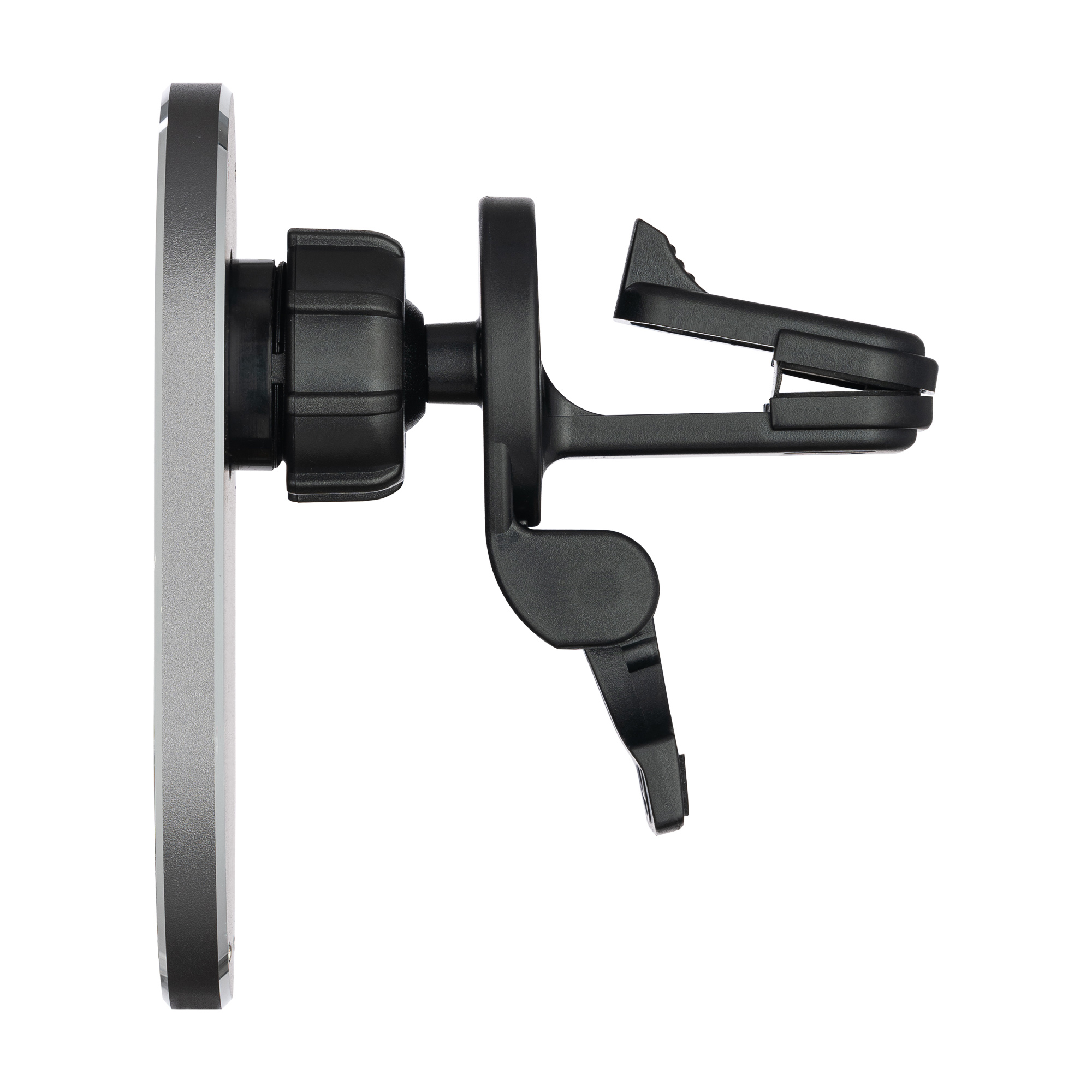 Uchwyt na telefon do kratki wentylacyjnej w samochodzie. Jest czarny i szary, z klipsem do mocowania.