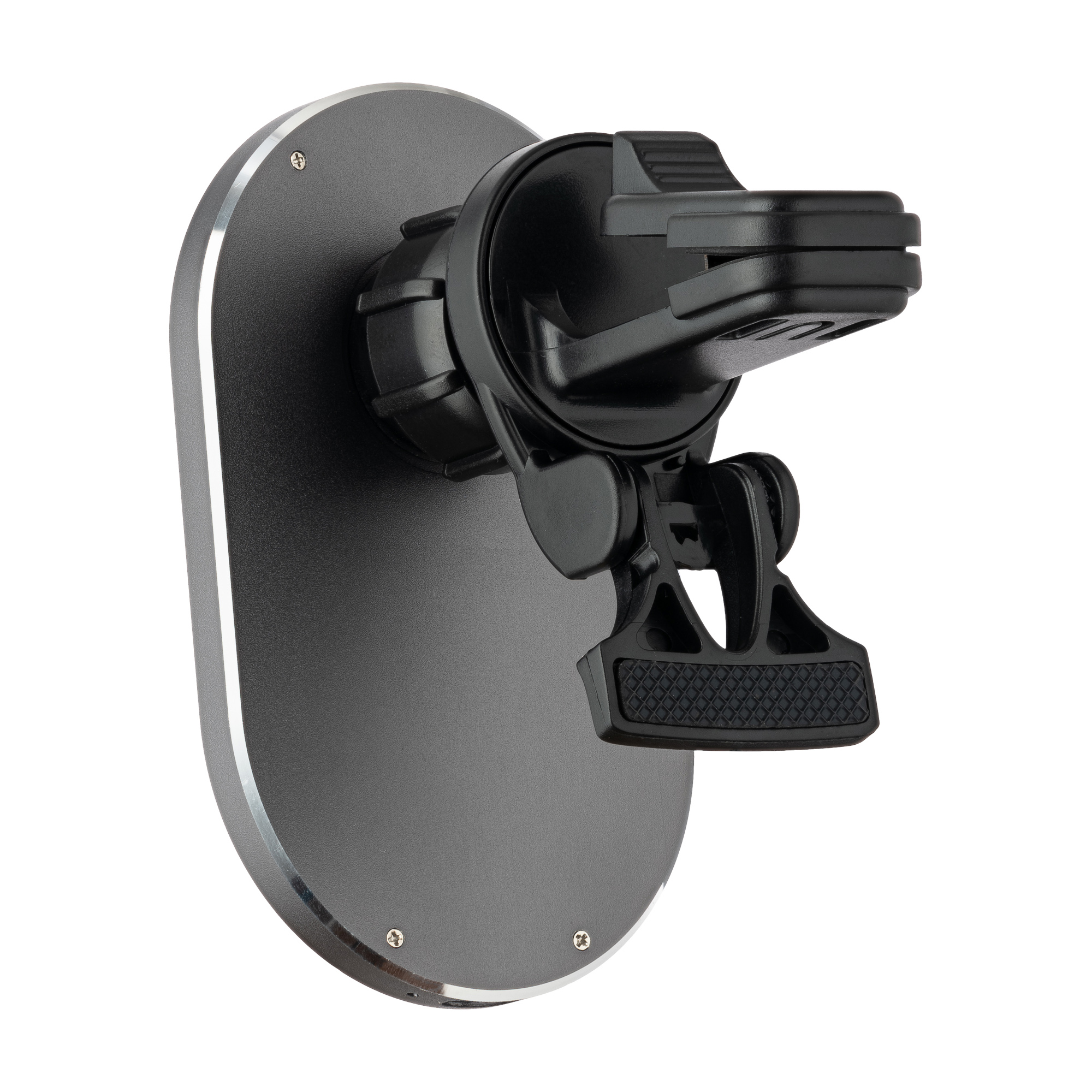 Czarny i szary uchwyt na telefon do samochodu. Jest zamontowany na szarej podstawie i ma czarny uchwyt.