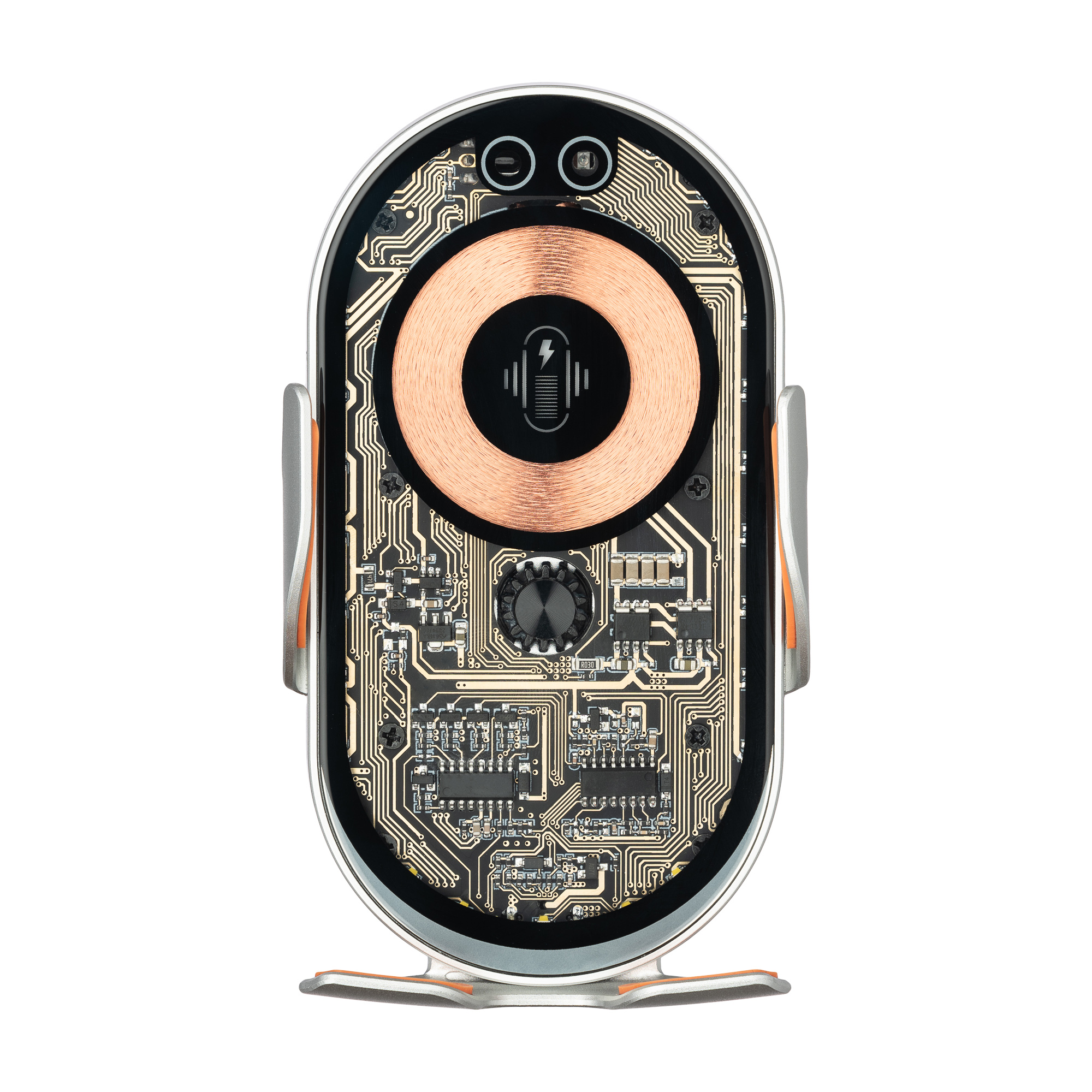 Stojak na telefon z zintegrowanym układem scalonym. Stojak jest srebrny i czarny. Białe tło.