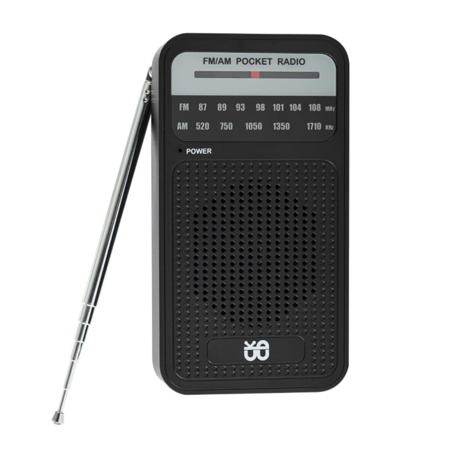 Schwarzes und graues FM/AM-Taschenradio mit Antenne, isoliert auf Weiß.