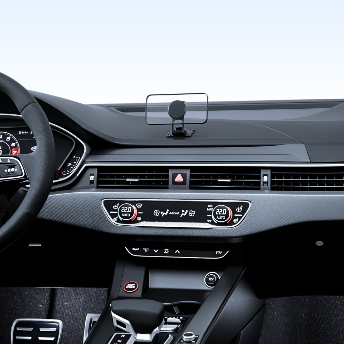 Wnętrze samochodu z uchwytem na telefon zamontowanym na desce rozdzielczej. Czarne wnętrze z różnymi kontrolkami.