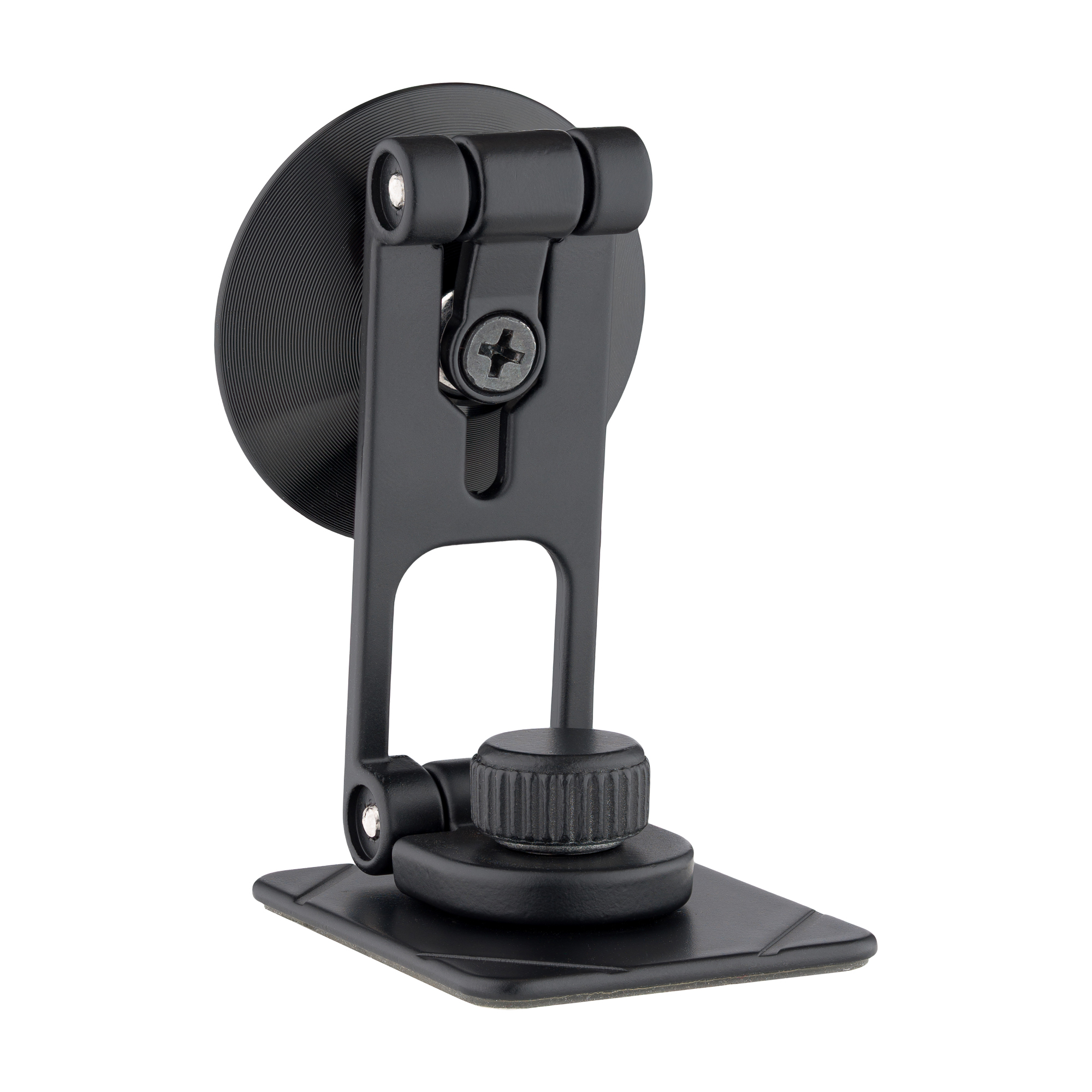 Czarny uchwyt do telefonu samochodowego na białym tle. Posiada przyssawkę, przegub i podstawę.