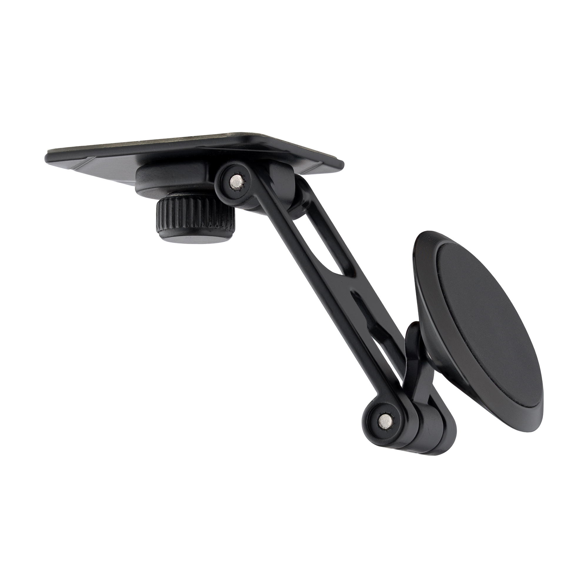 Czarny uchwyt do telefonu samochodowego. Posiada podstawę z regulowanym pokrętłem i przyssawkę.
