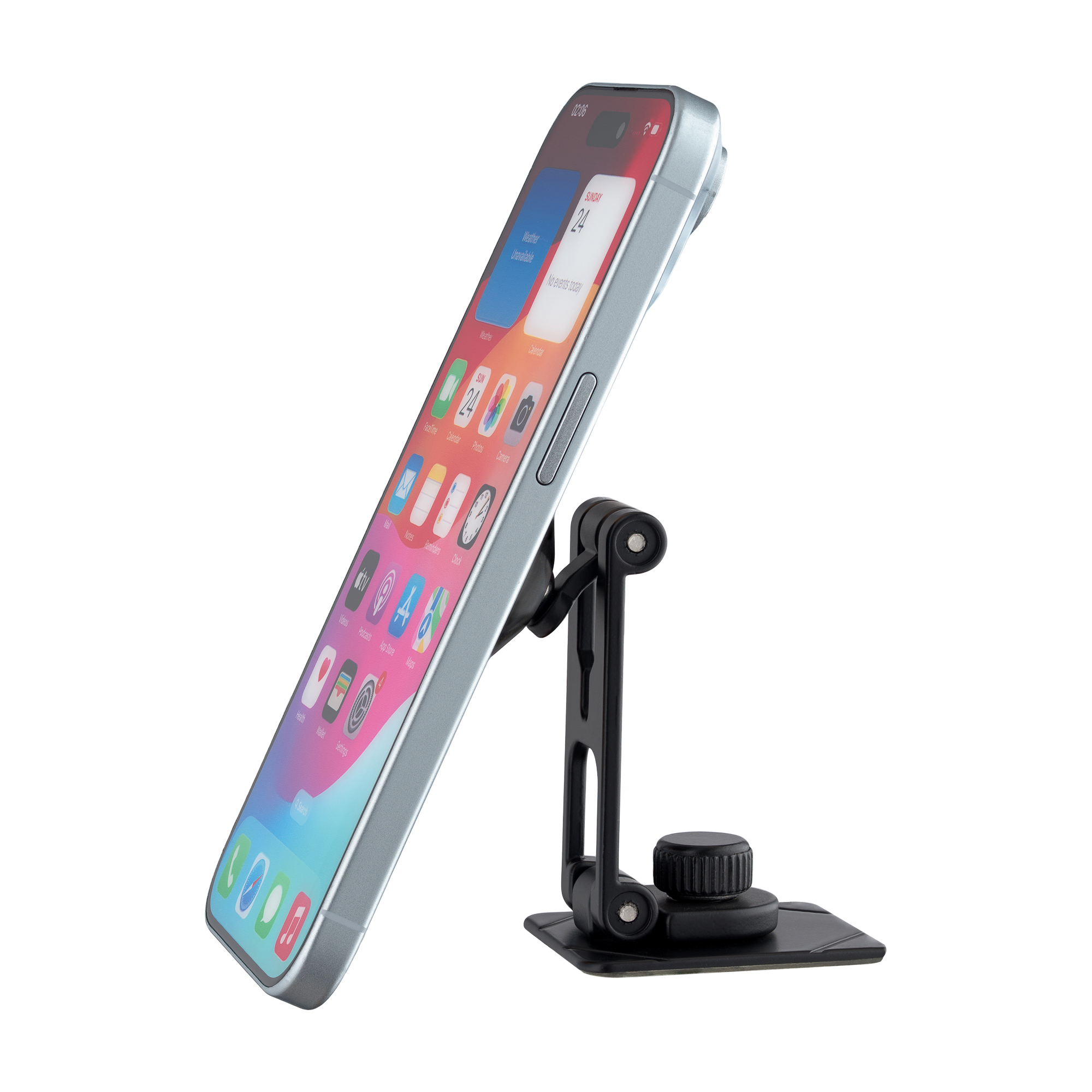 Czarny uchwyt do telefonu samochodowego trzymający srebrny telefon. Ekran telefonu wyświetla aplikacje i pogodę.