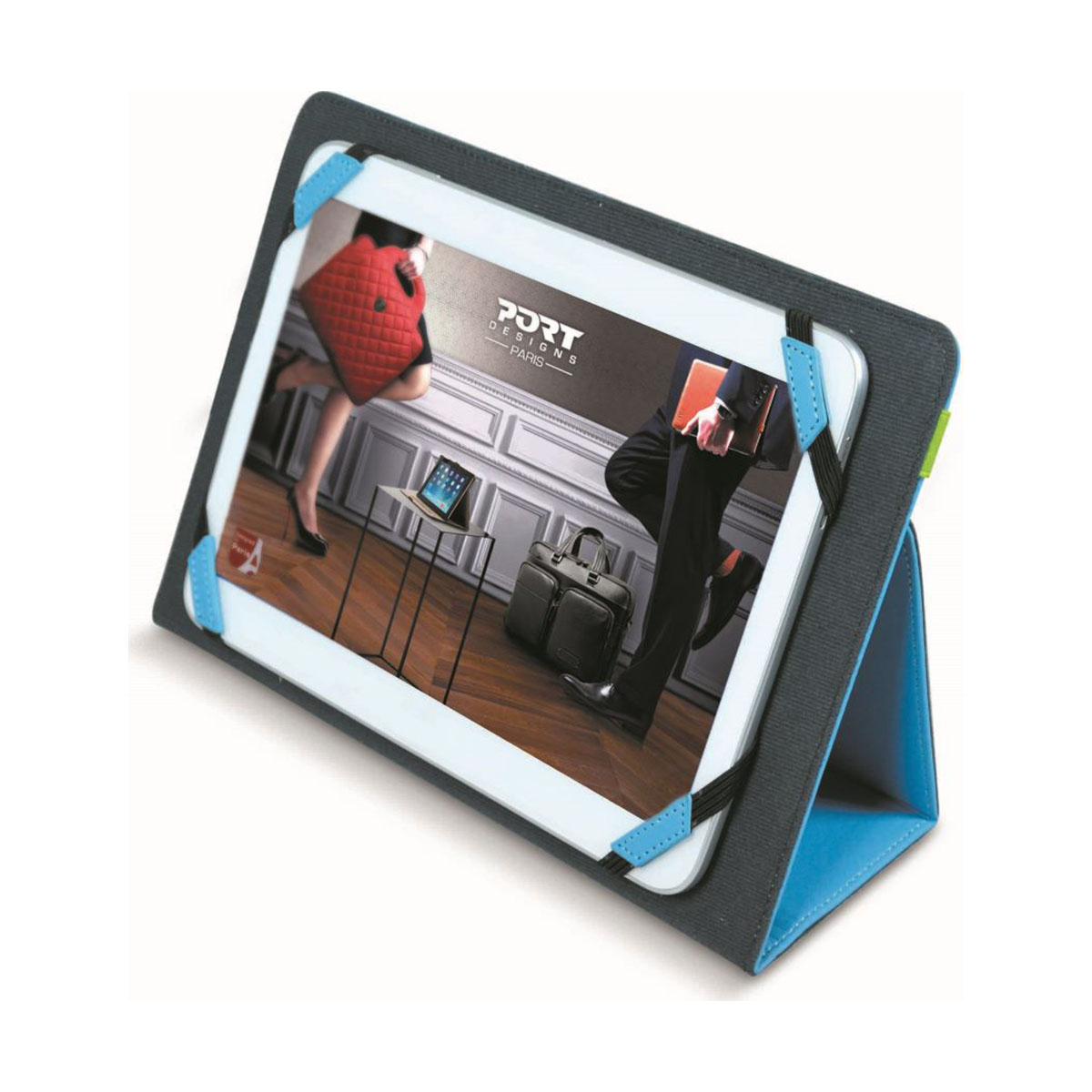 Tablet in una custodia con un'immagine sullo schermo. Due persone sullo sfondo e custodia blu e nera.