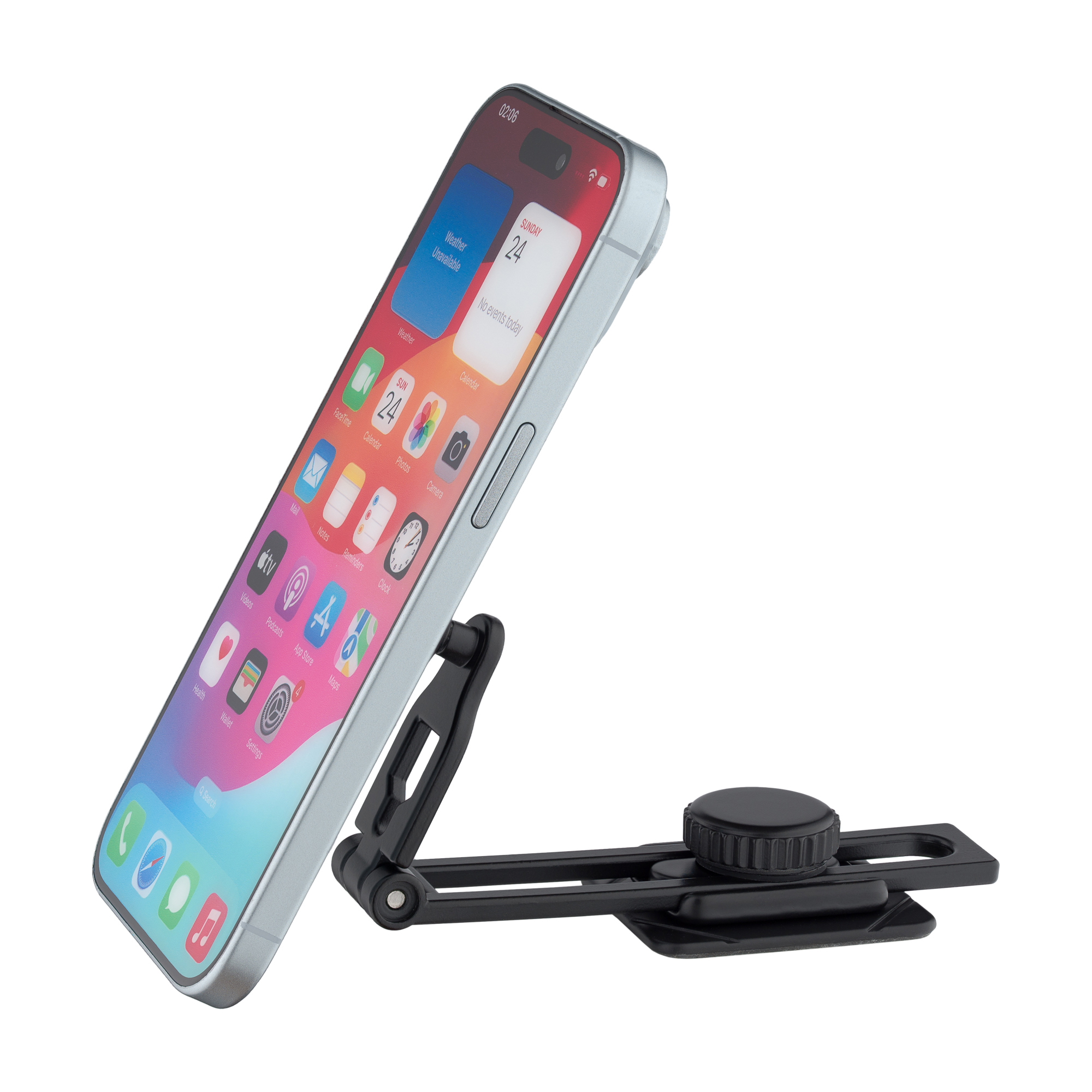 Czarny uchwyt do telefonu samochodowego trzymający srebrny telefon. Ekran wyświetla aplikacje i pogodę.