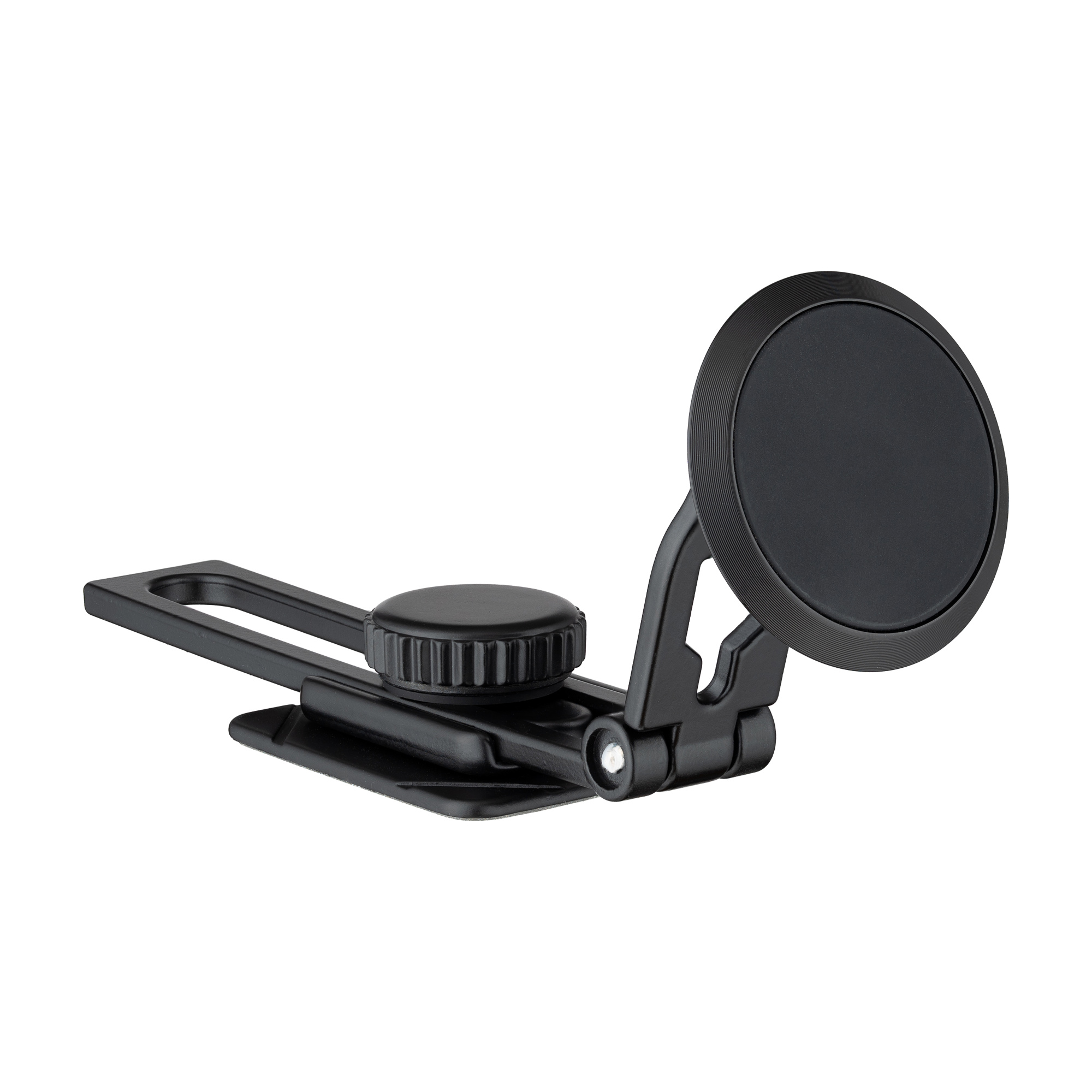 Czarny uchwyt samochodowy na telefon z regulowanym ramieniem i okrągłą głowicą, białe tło.