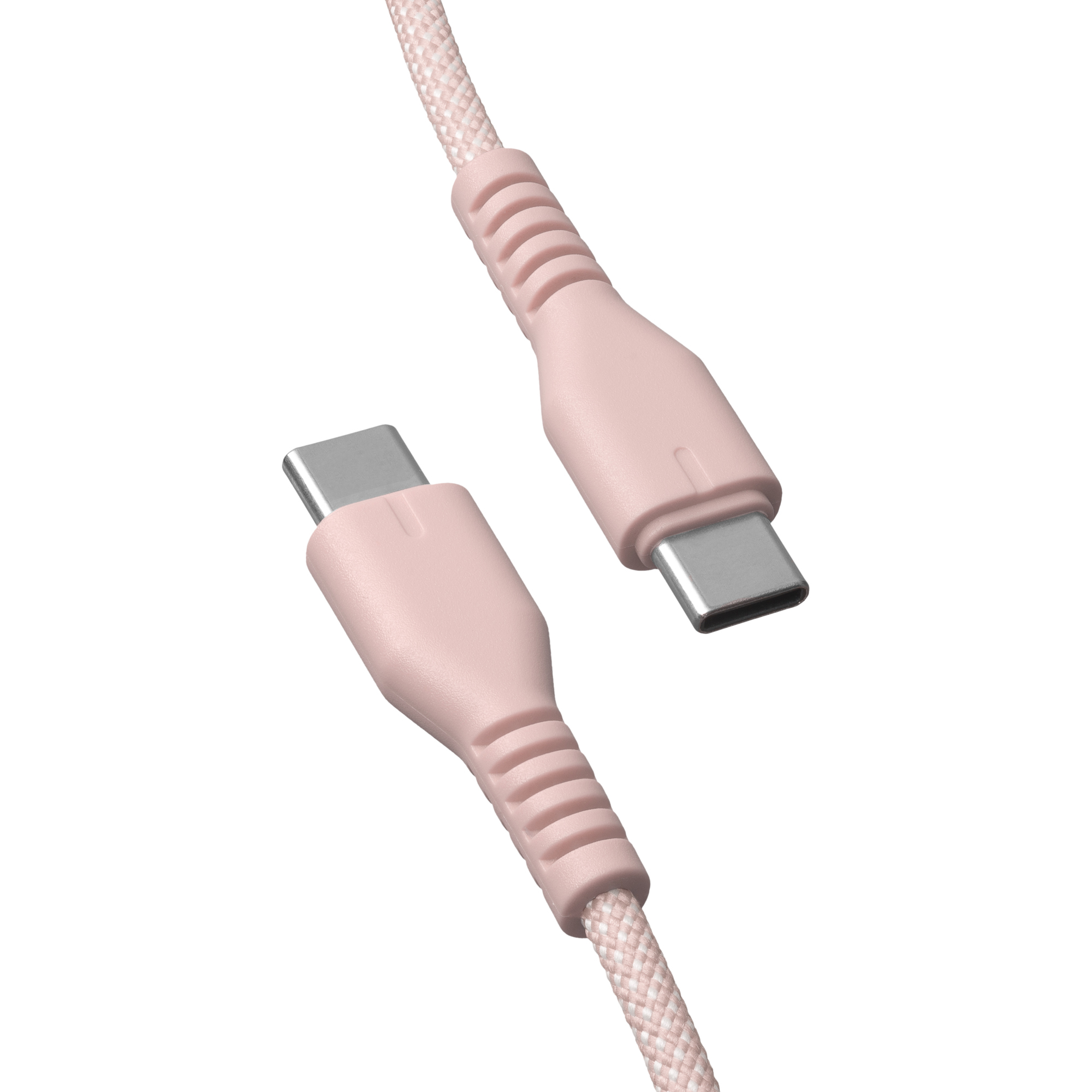 Zbliżenie dwóch różowych kabli USB-C i złączy.