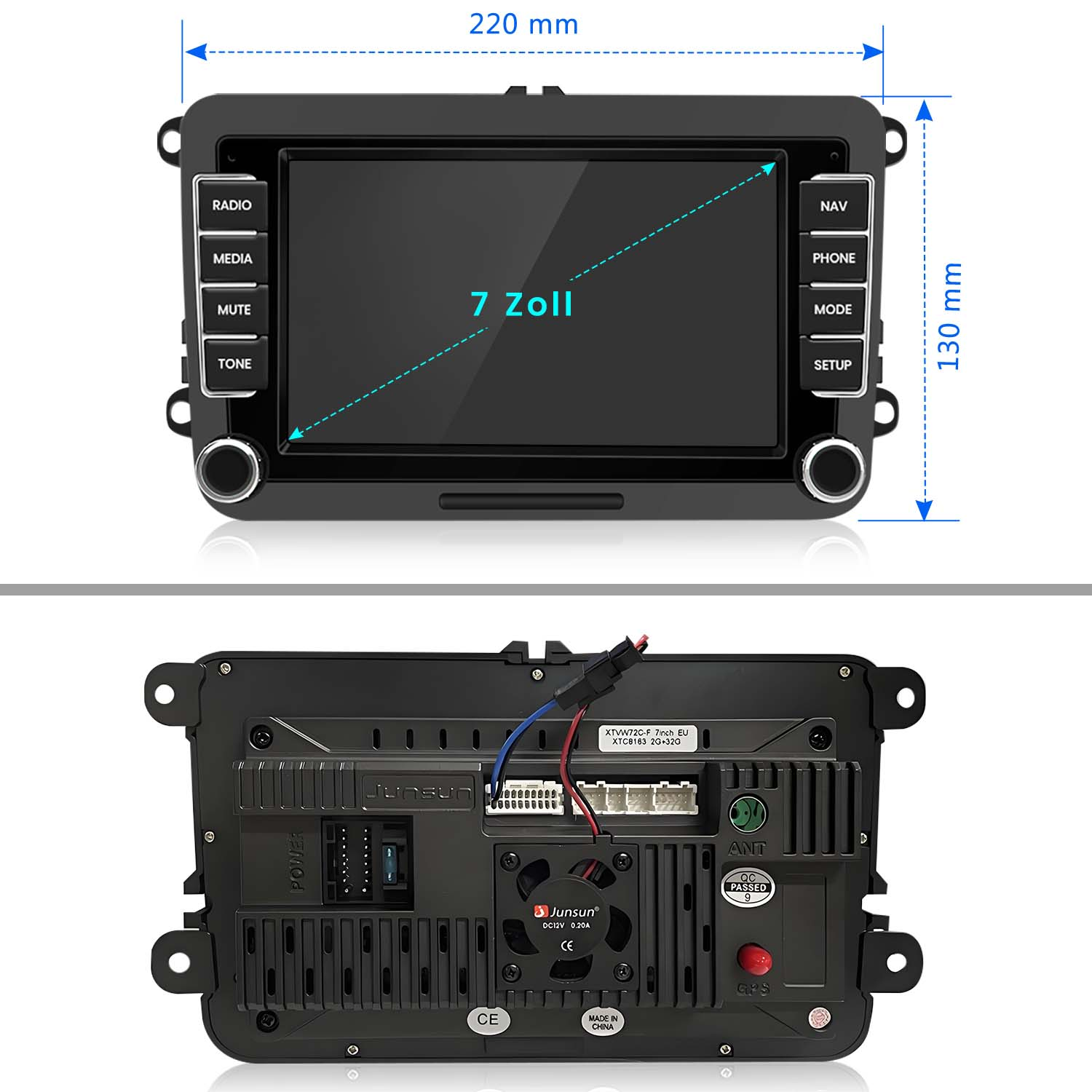 Autoradio-Gerät Vorder- und Rückansicht. Abmessungen von 220x130mm, 7-Zoll-Bildschirm.