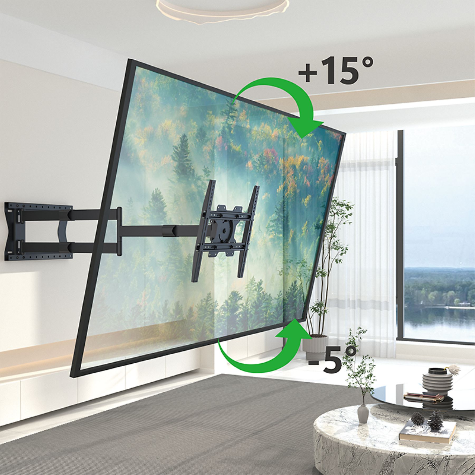Tv-beugel aan een muur, met een tv. De tv staat schuin.