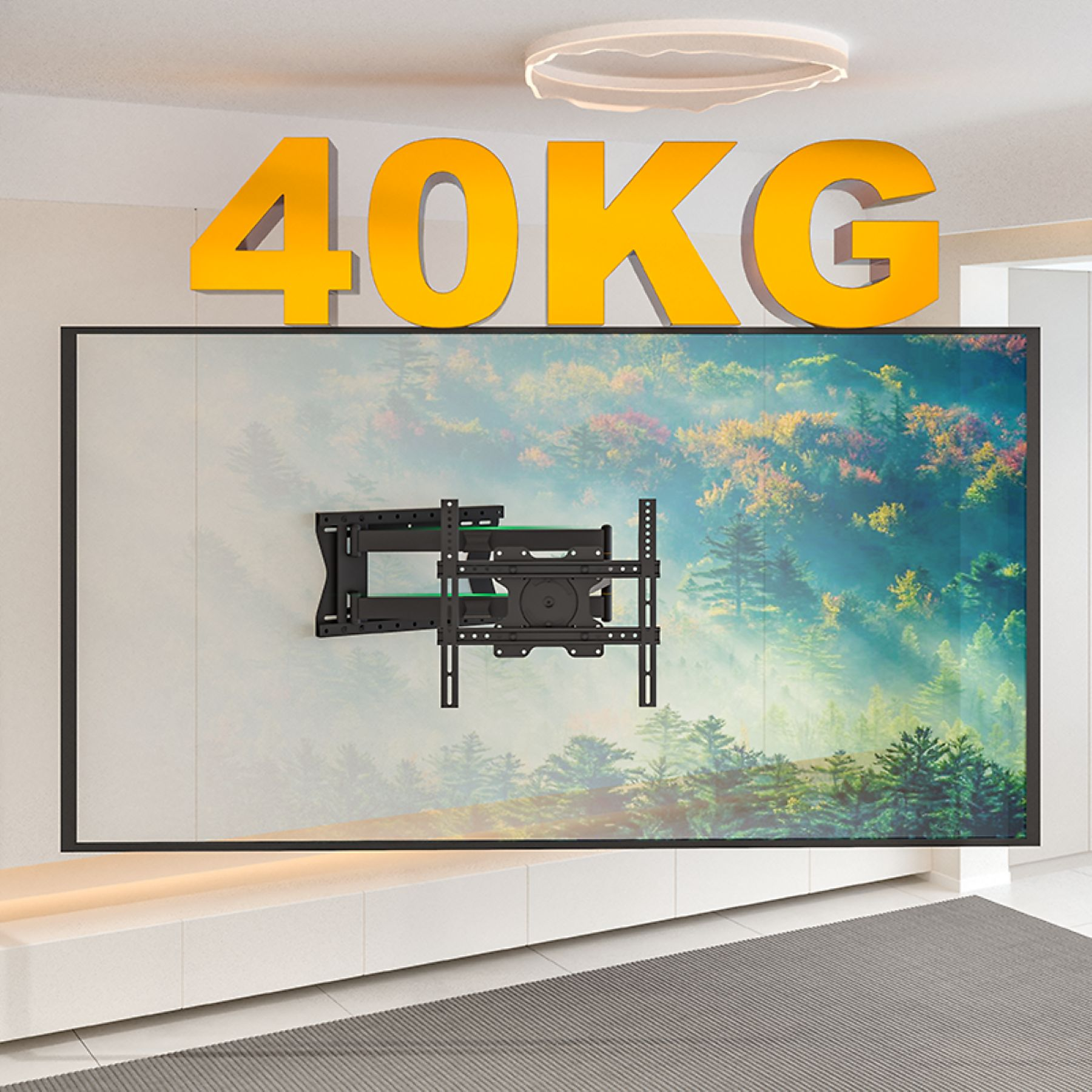 Wandbeugel voor tv. Het nummer '40KG' is geel. Een kleurrijke bosscène op de achtergrond.