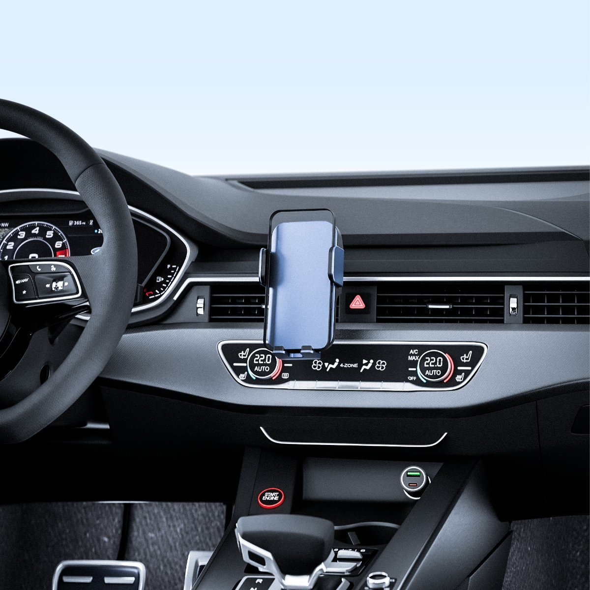 Niebieski uchwyt na telefon zamontowany na desce rozdzielczej samochodu.