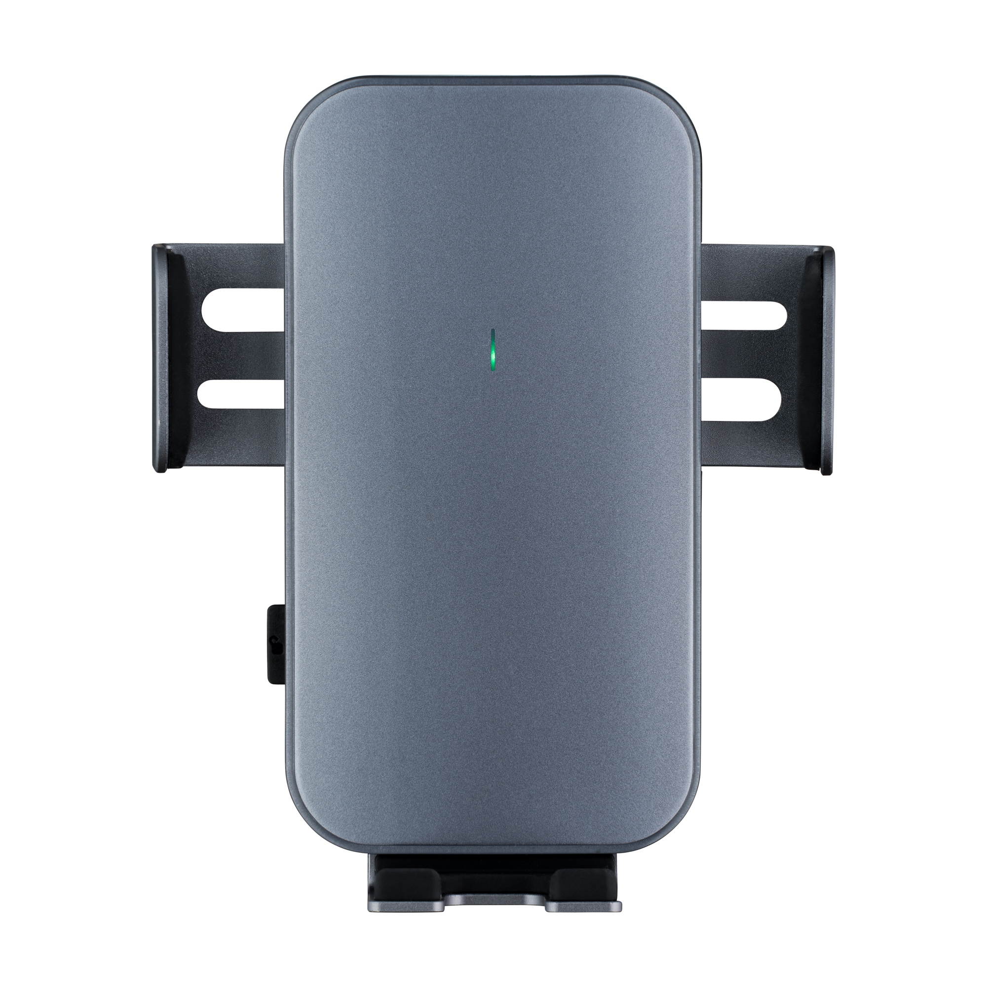 Ciemnoszary uchwyt do telefonu samochodowego, z dwoma ramionami i zielonym światłem na powierzchni.