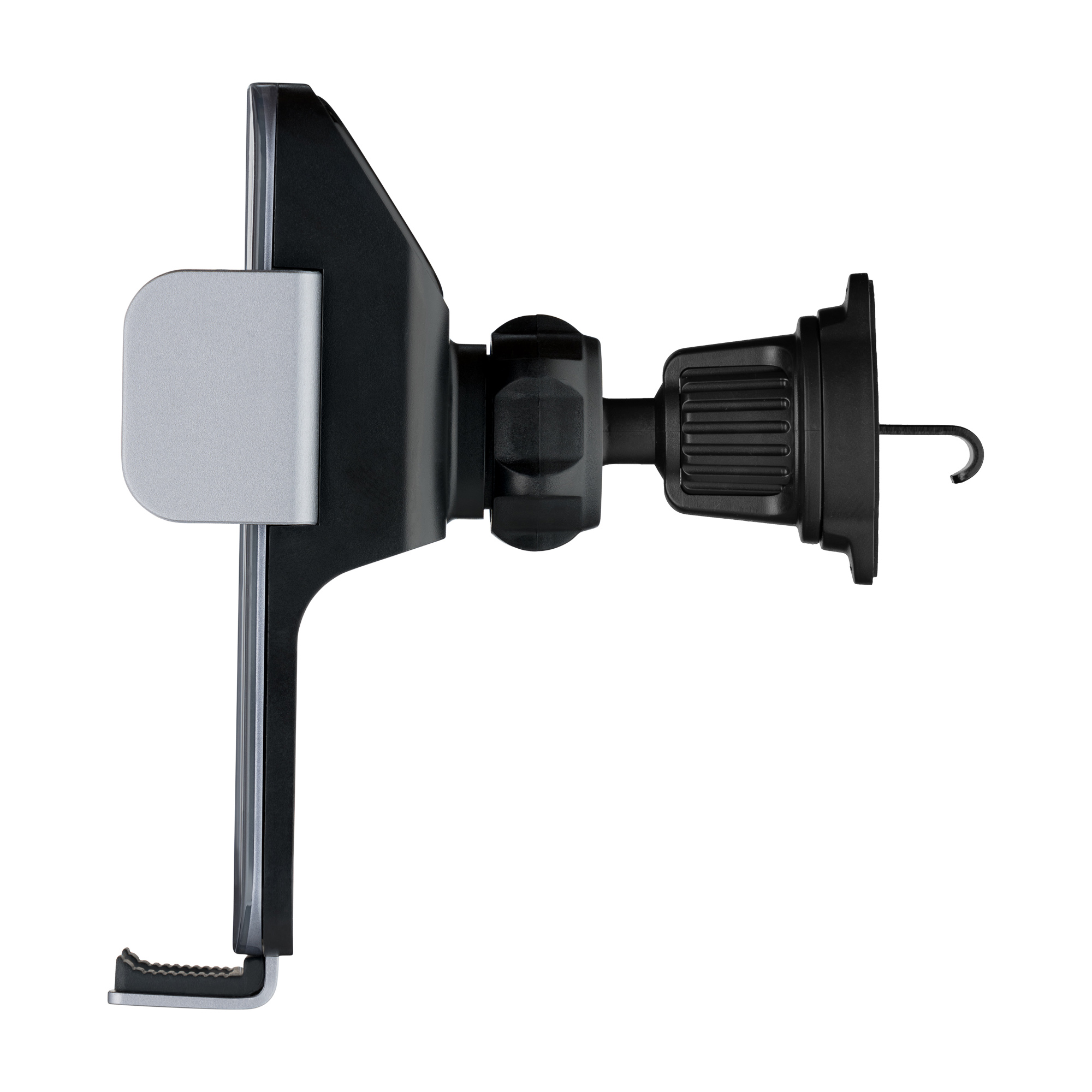 Widok z boku czarnego i srebrnego uchwytu na telefon z przyssawką.