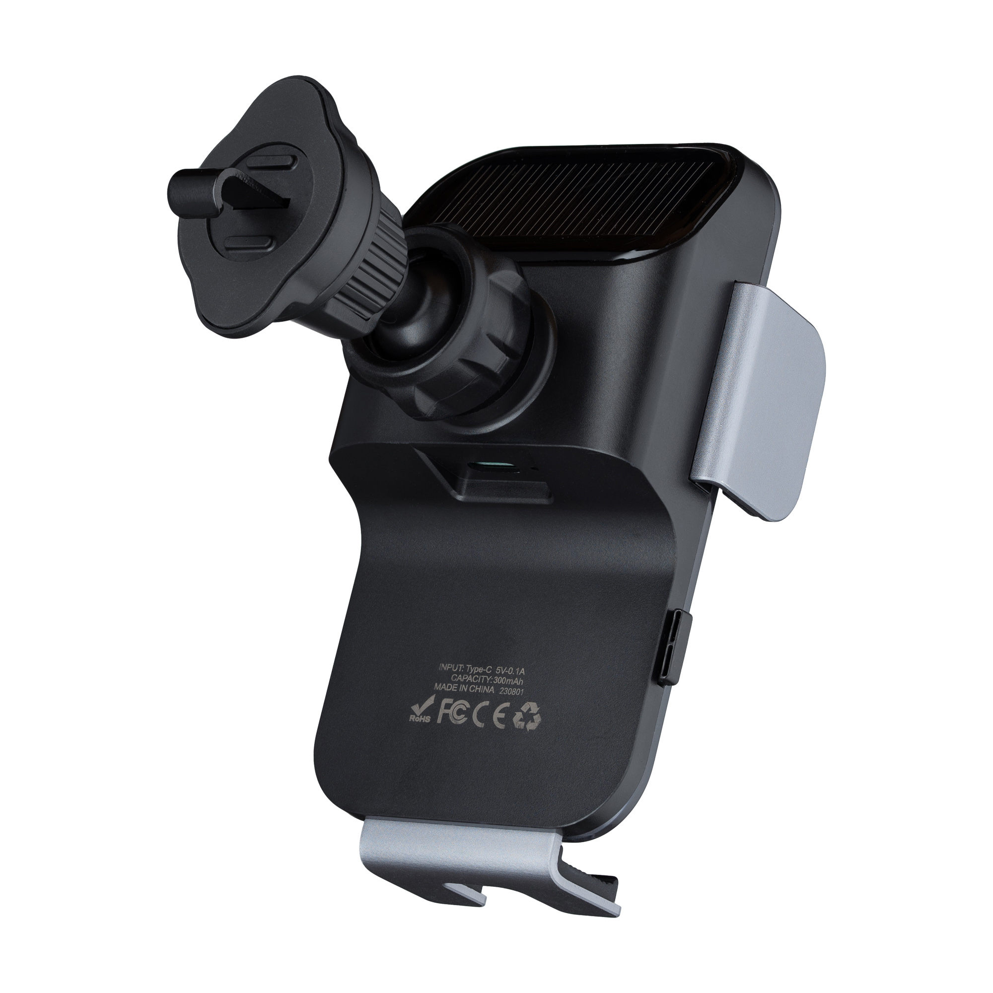 Czarny uchwyt na telefon do samochodu z panelem słonecznym. Ma mocowanie do kratki i srebrne wsporniki.